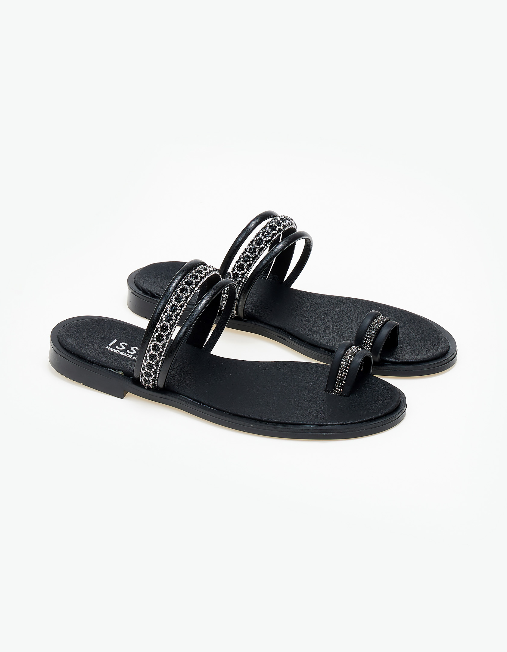 Flat σανδάλια με strass ελληνικής κατασκευής - Μαύρο