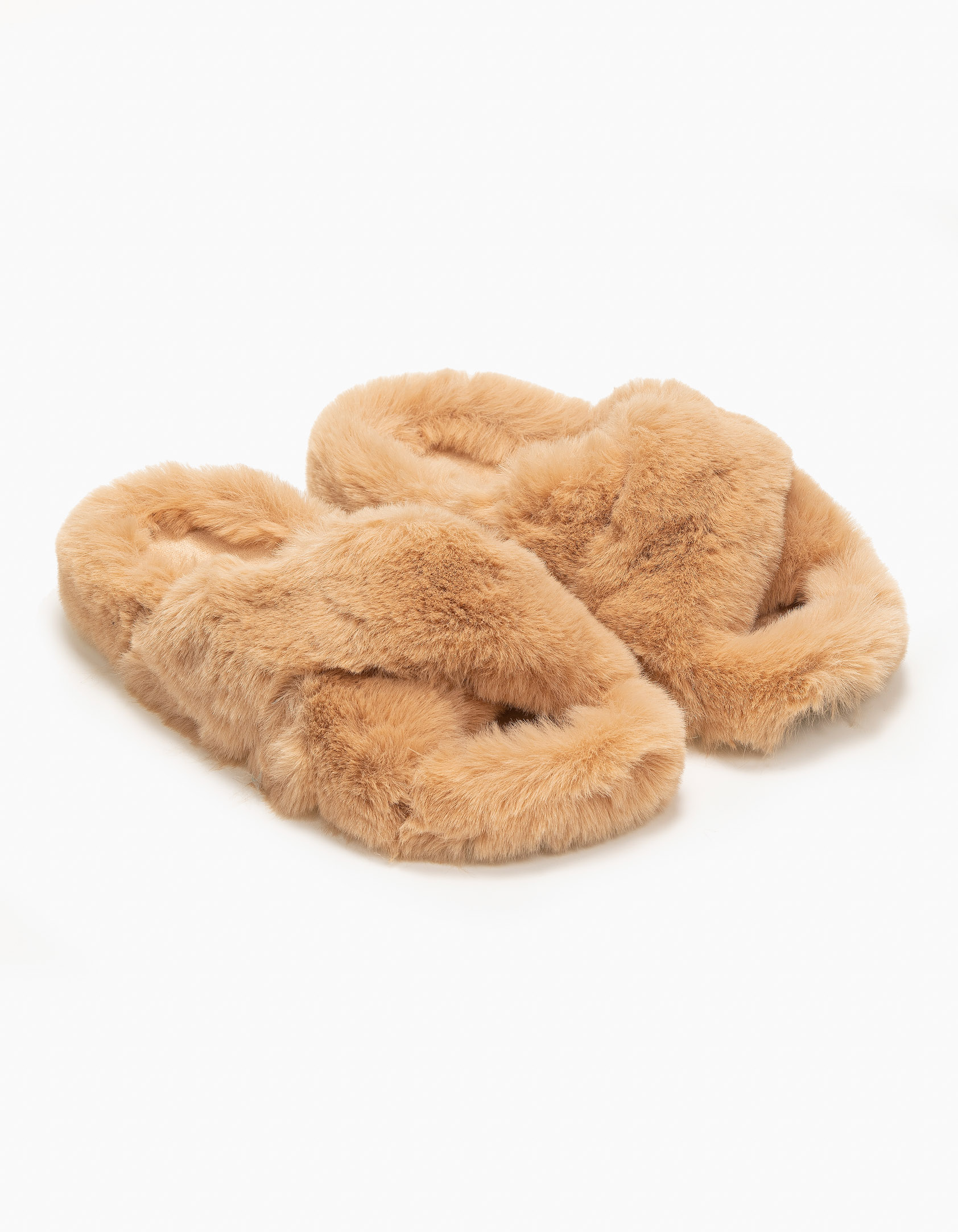 Παντόφλες με γούνα και φάσες χιαστί - Κάμελ