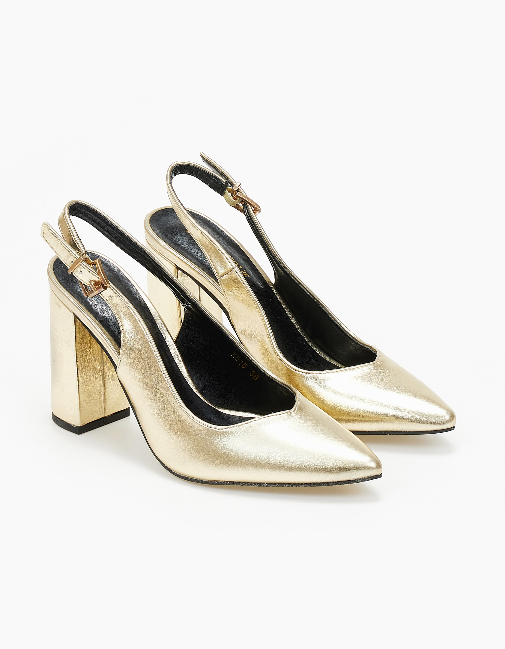 Γόβες εξώφτερνες με V κόψιμο και χοντρό τακούνι - Χρυσό