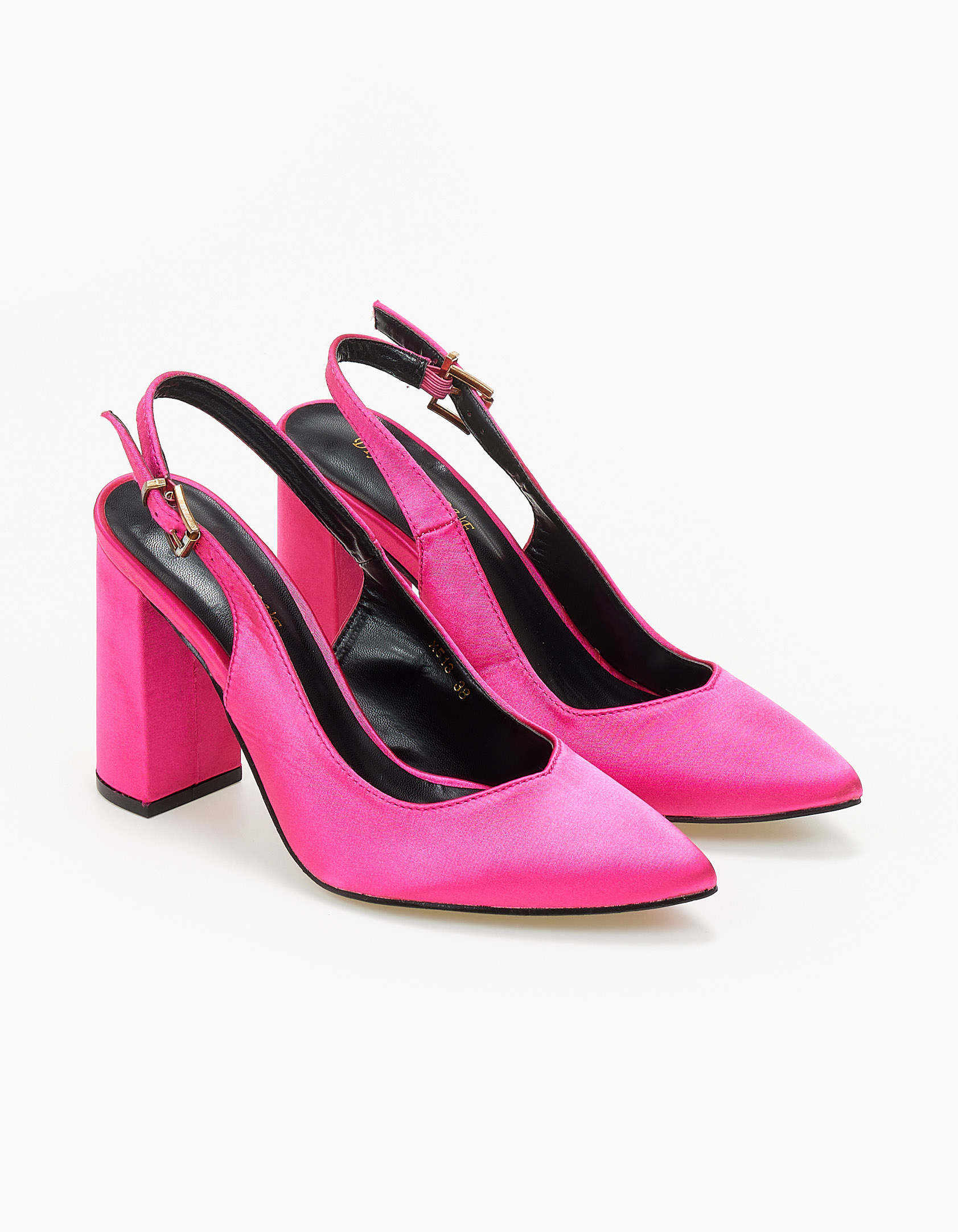 Γόβες σατέν εξώφτερνες με χοντρό τακούνι - Φούξια