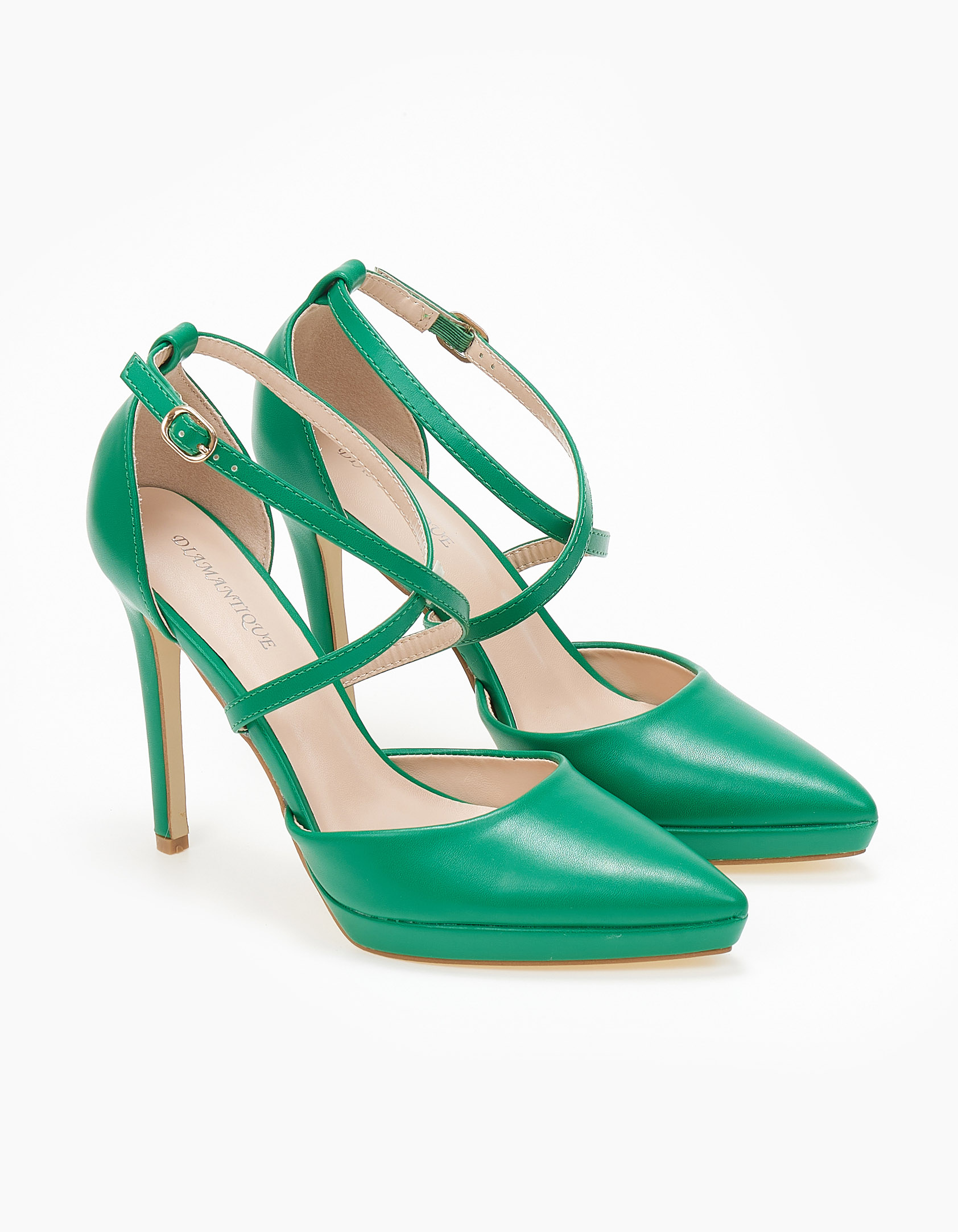 Γόβες με λεπτό τακούνι, μπαρέτα και χιαστί λουράκια - Πράσινο