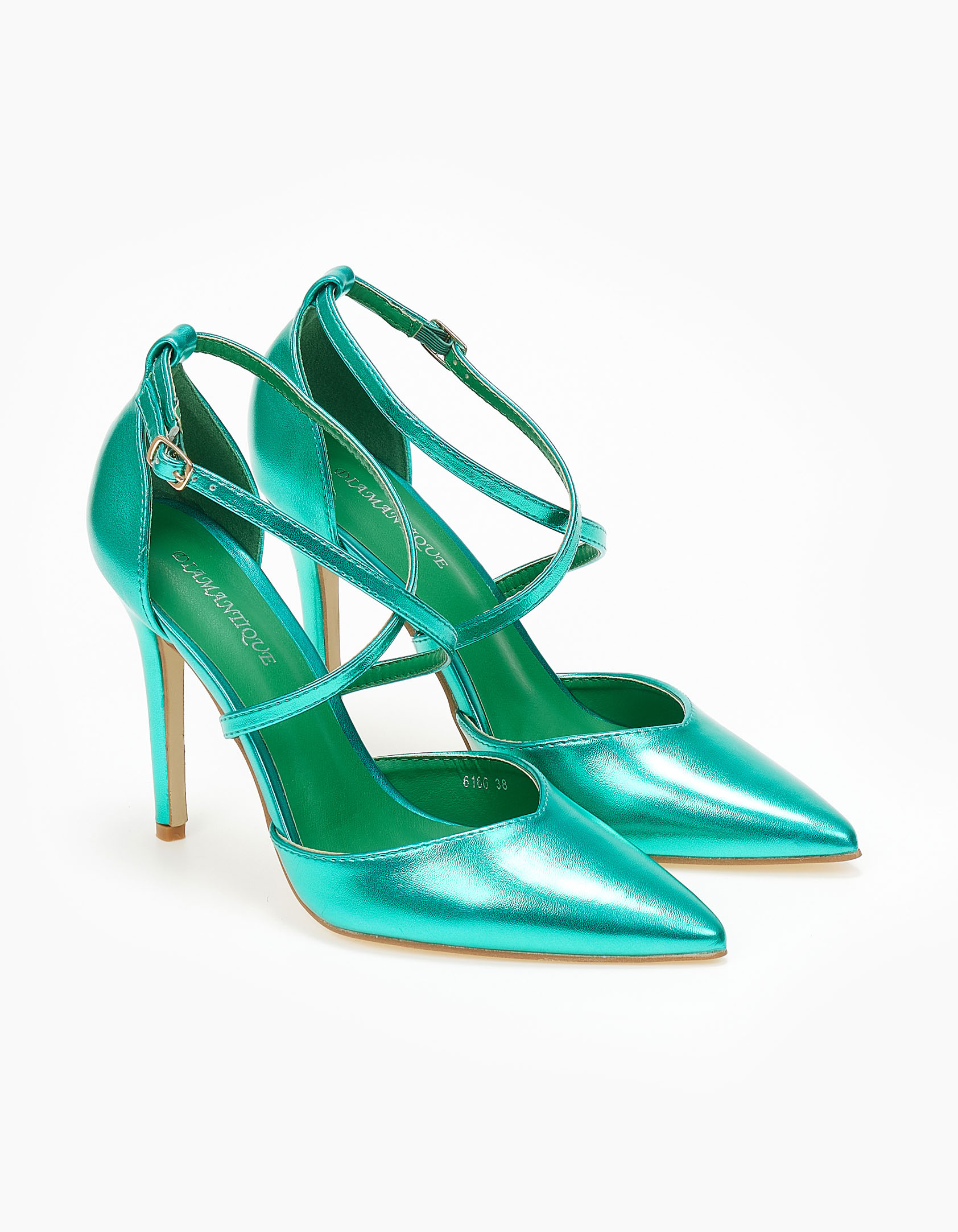 Γόβες με V κόψιμο, μπαρέτα και λεπτό τακούνι - Πράσινο