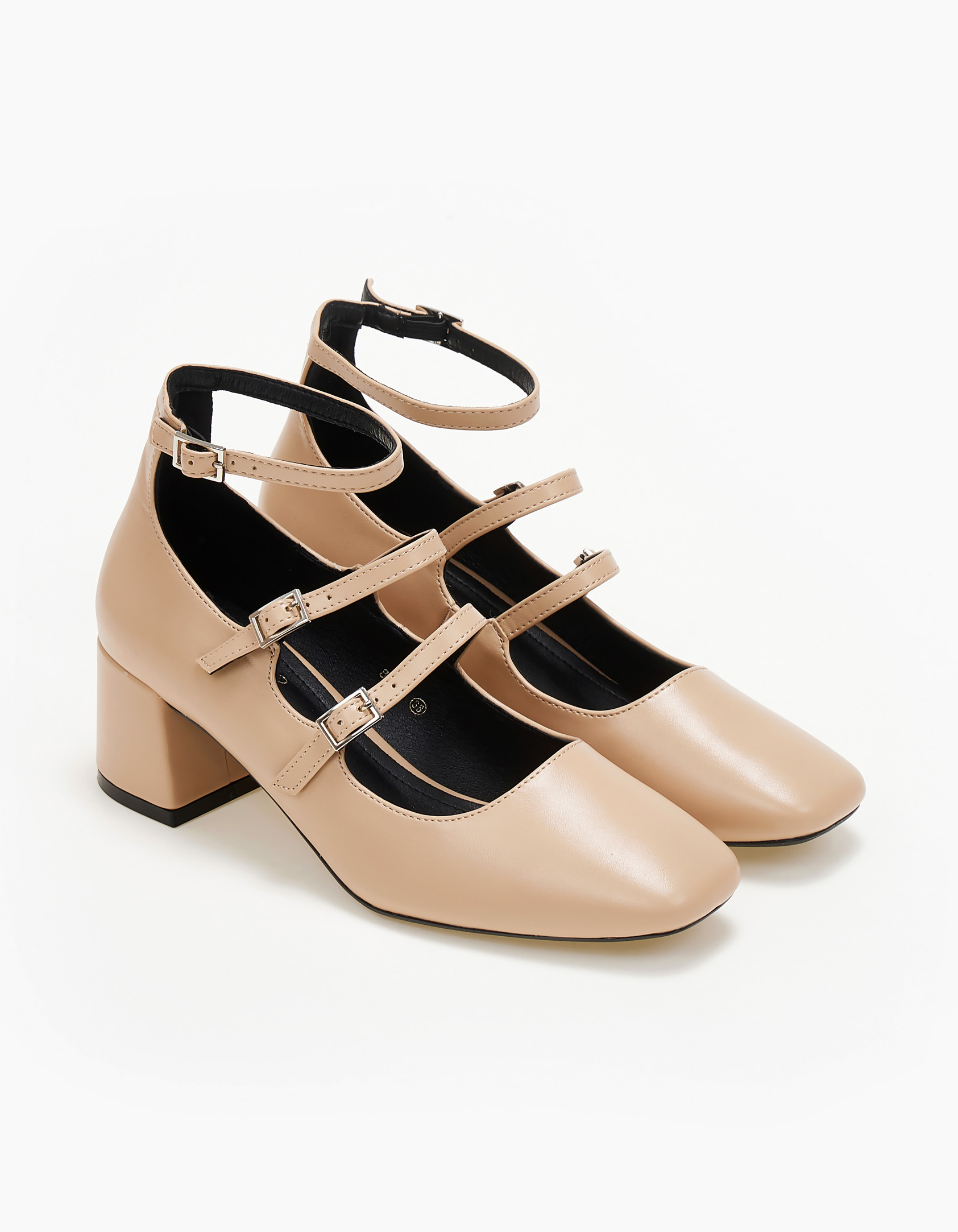 Γόβες με χοντρό τακούνι και μπαρέτες - Nude