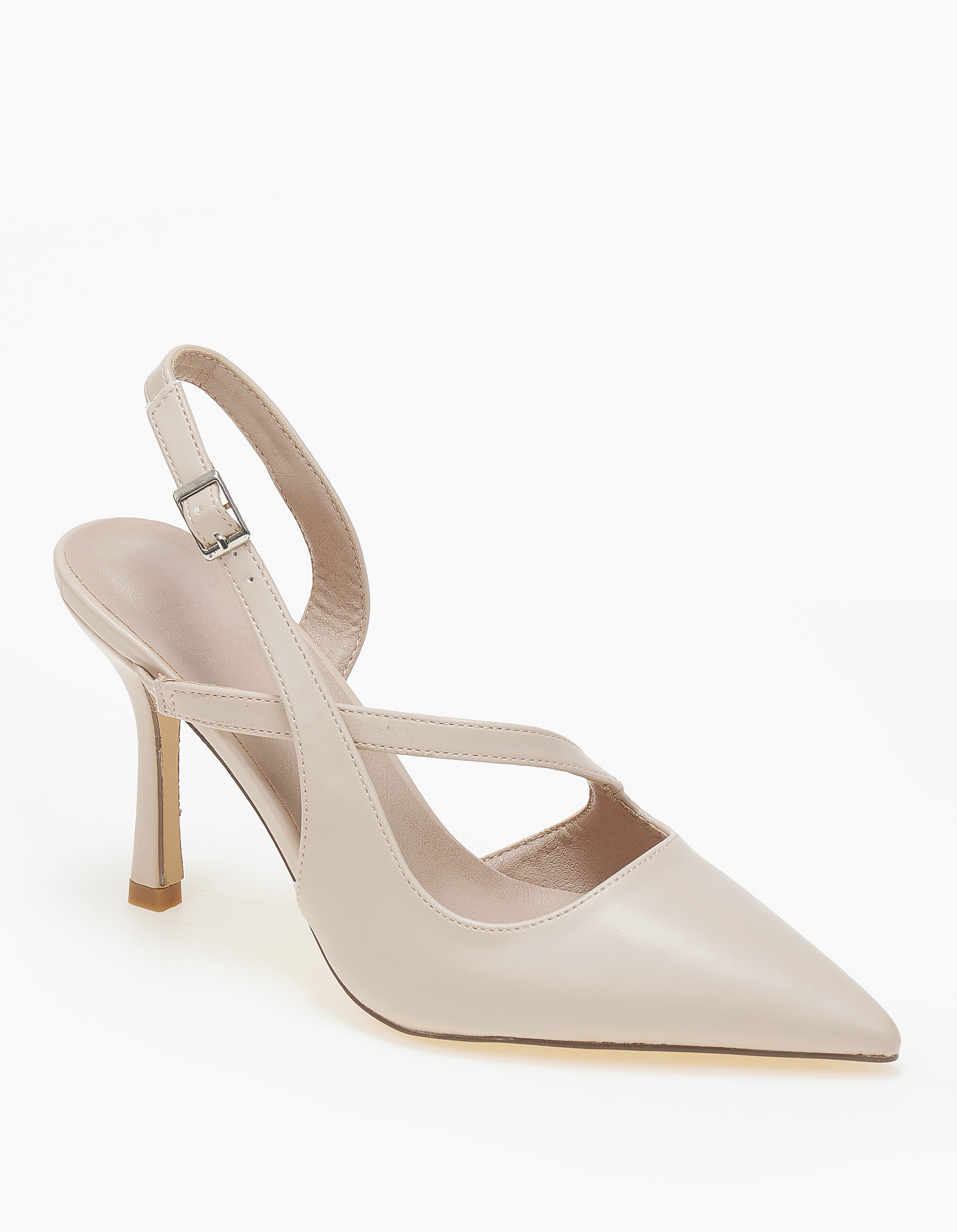 Γόβες ψηλές μυτερές, open heel με λεπτό τακούνι - Μπεζ