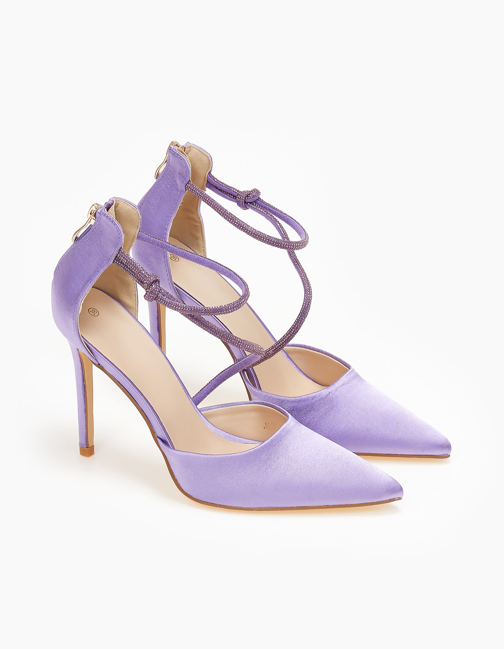 Γόβες στιλέτο σατέν με φερμουάρ & strass - Μωβ