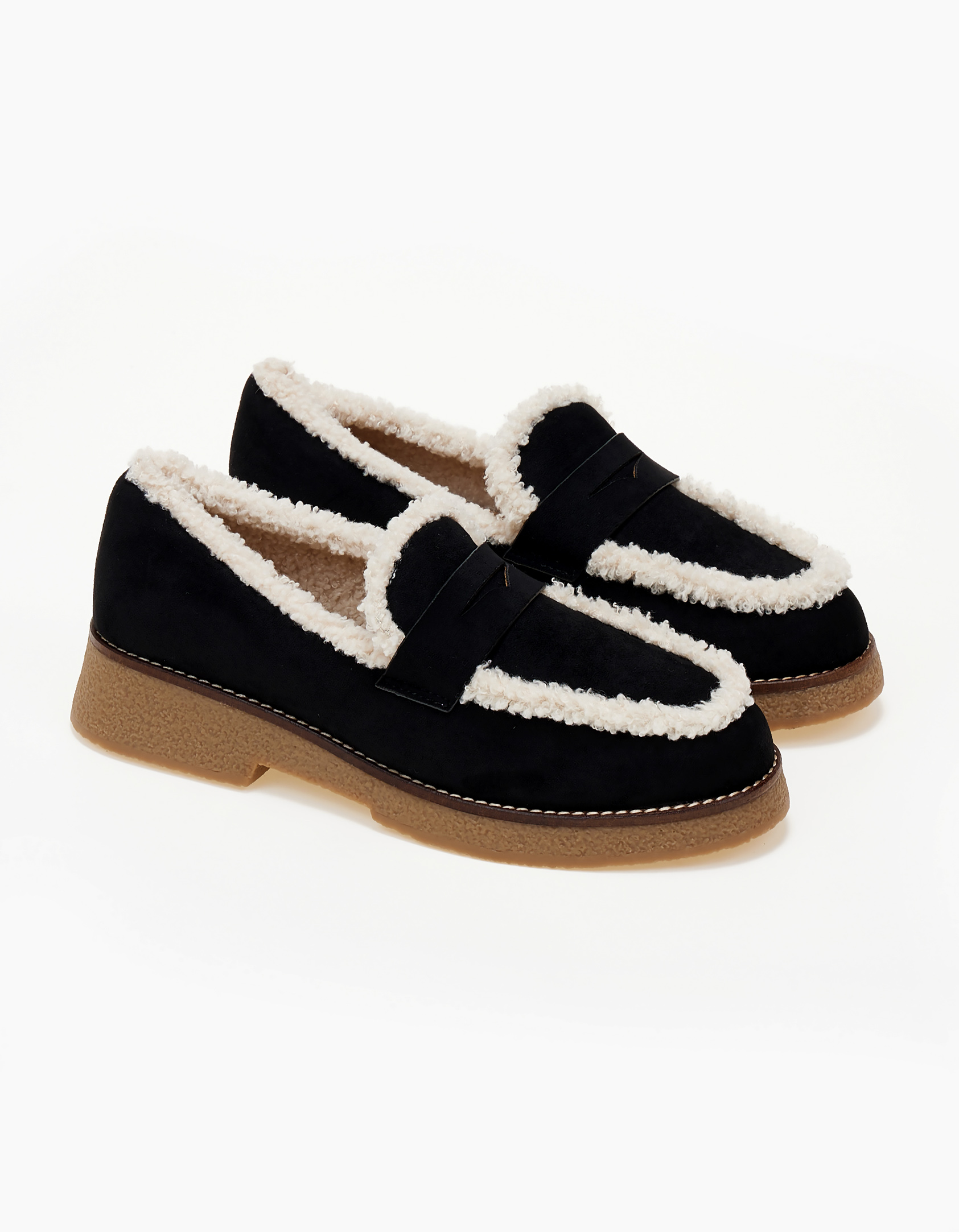 Loafers με suede υφή και γούνα - Μαύρο