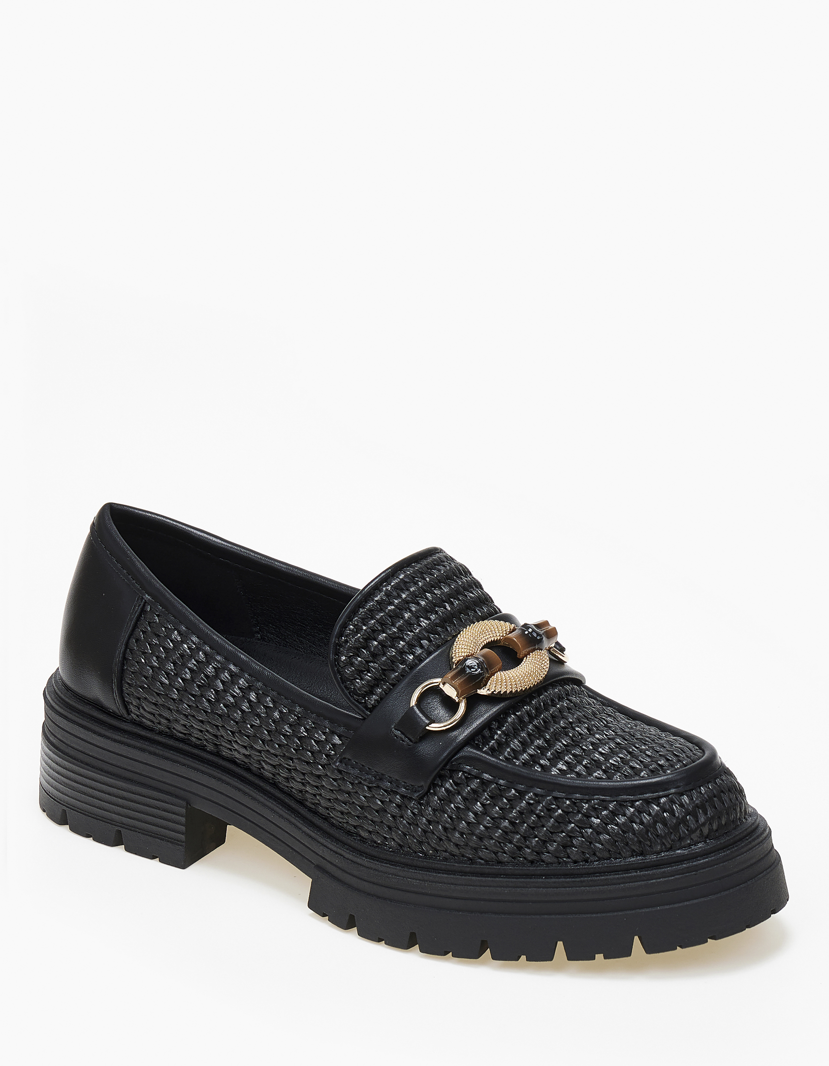 Issue Γυναικεία loafers με ψάθα και τρακτερωτή σόλα - Μαύρο