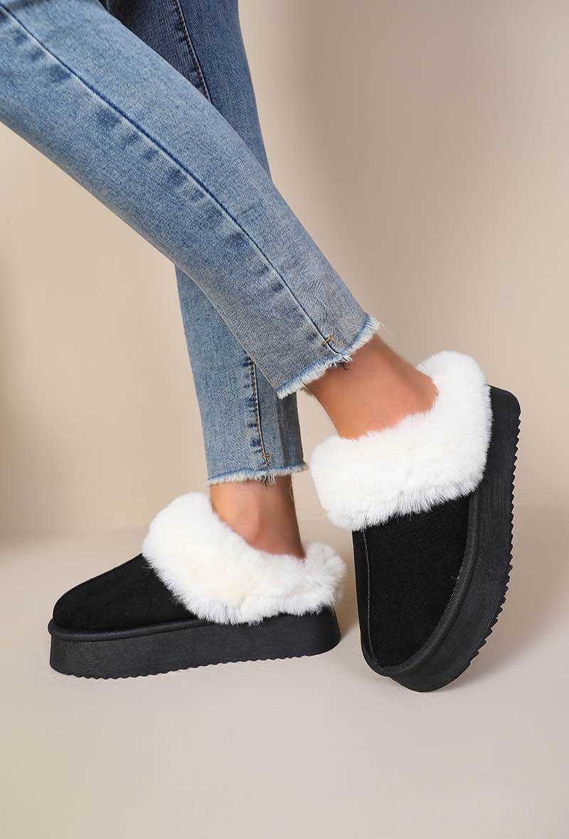 Issue Παντόφλες με ψηλή σόλα και γούνα - Μαύρο