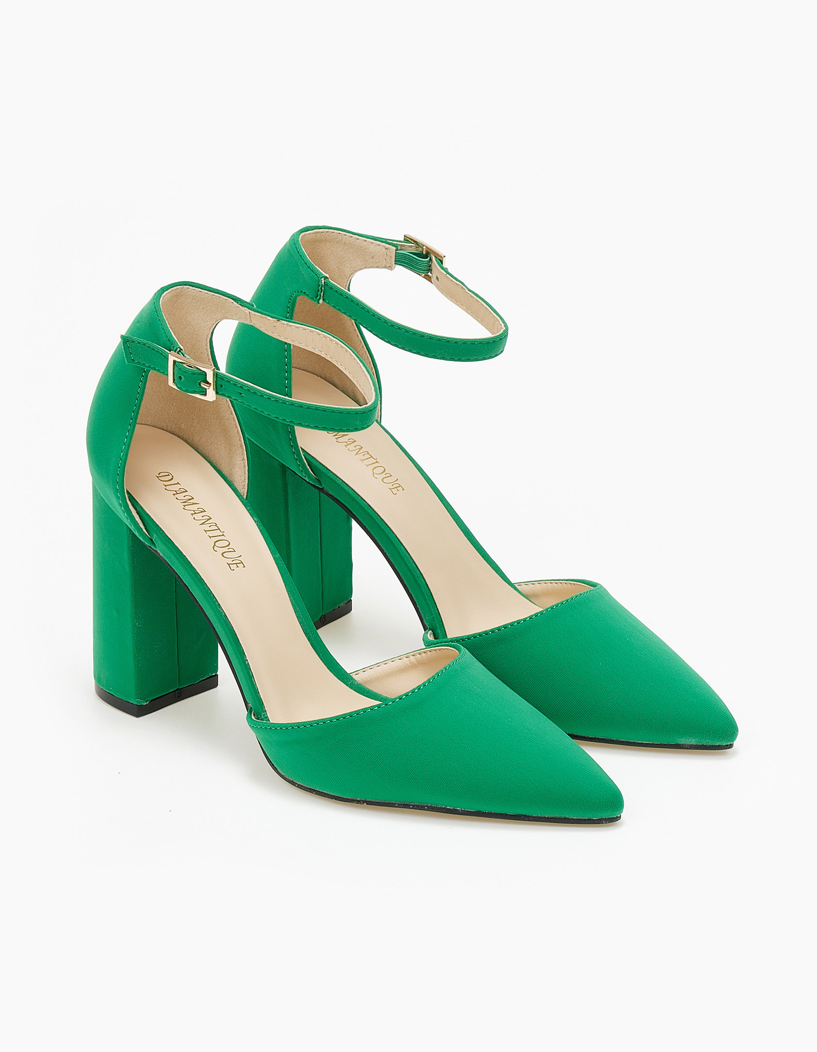 Σατέν μυτερές γόβες με χοντρό τακούνι και μπαρέτα - Πράσινο