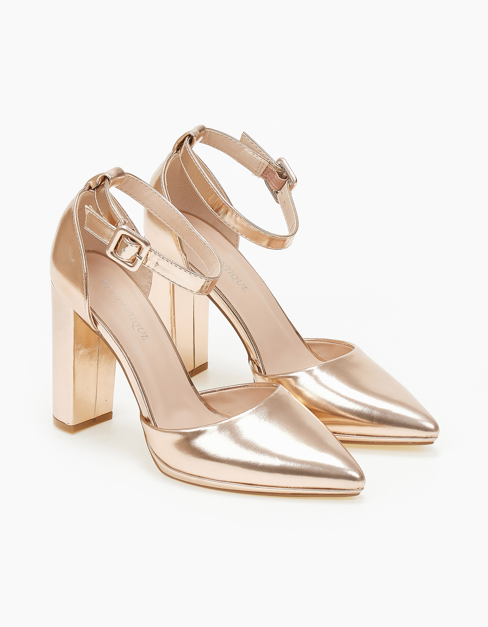 Μυτερές γόβες με χοντρό τακούνι και μαπρέτα - Rose Gold