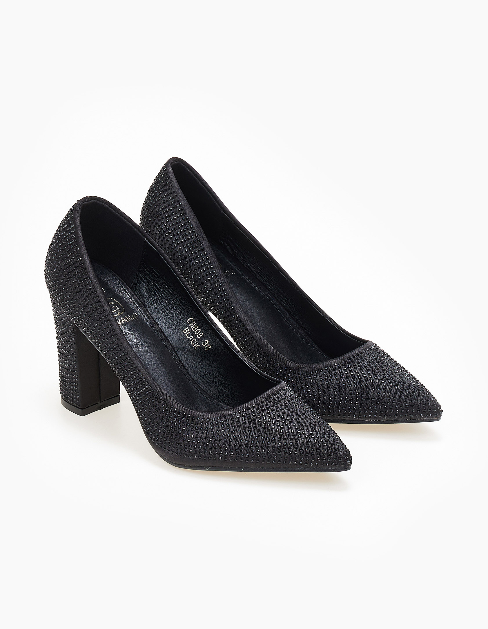 Μυτερές γόβες με strass και χοντρό τακούνι - Μαύρο