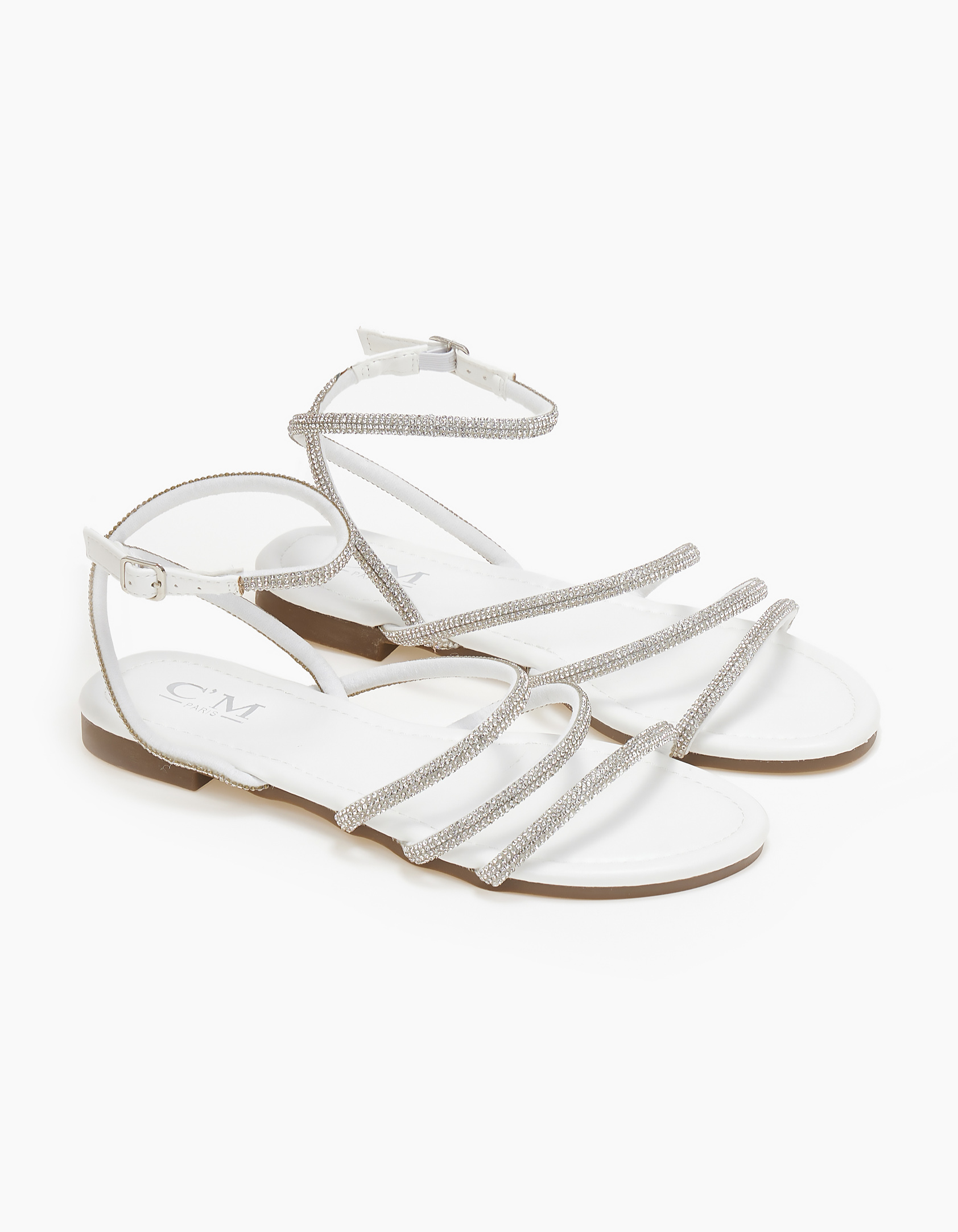 Σανδάλια με πολλαπλά λουράκια με στρας - Λευκό