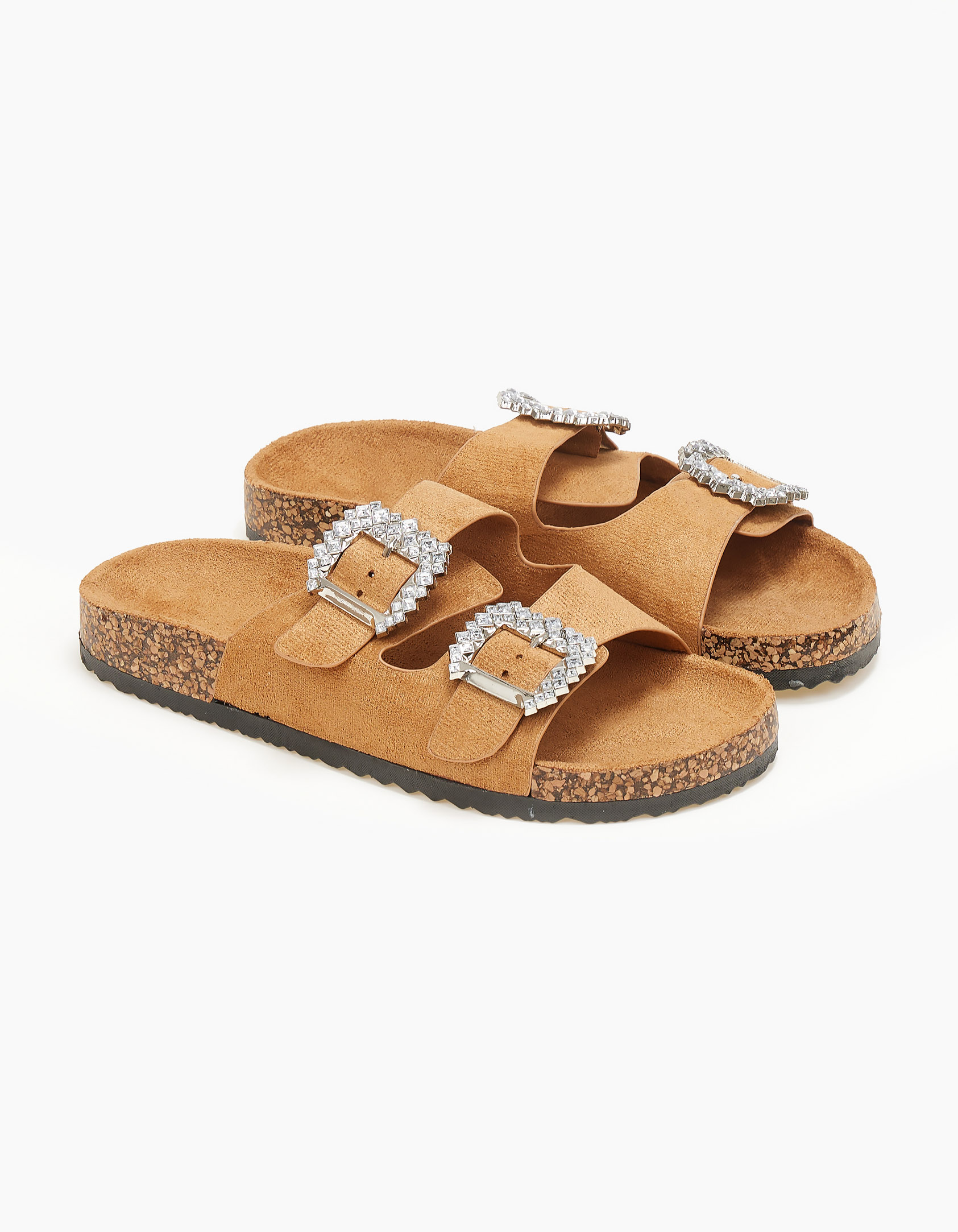 Slides με ζωνάκια και αγκράφα με στρας - Κάμελ