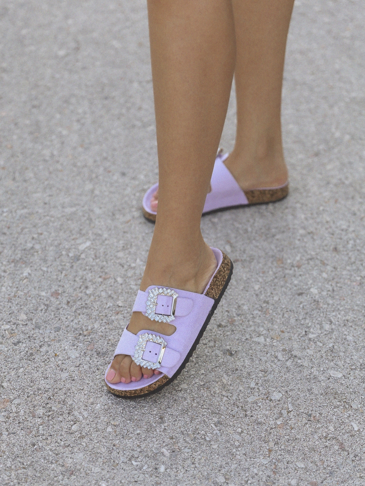 Slides με ζωνάκια και αγκράφα με στρας - Μωβ