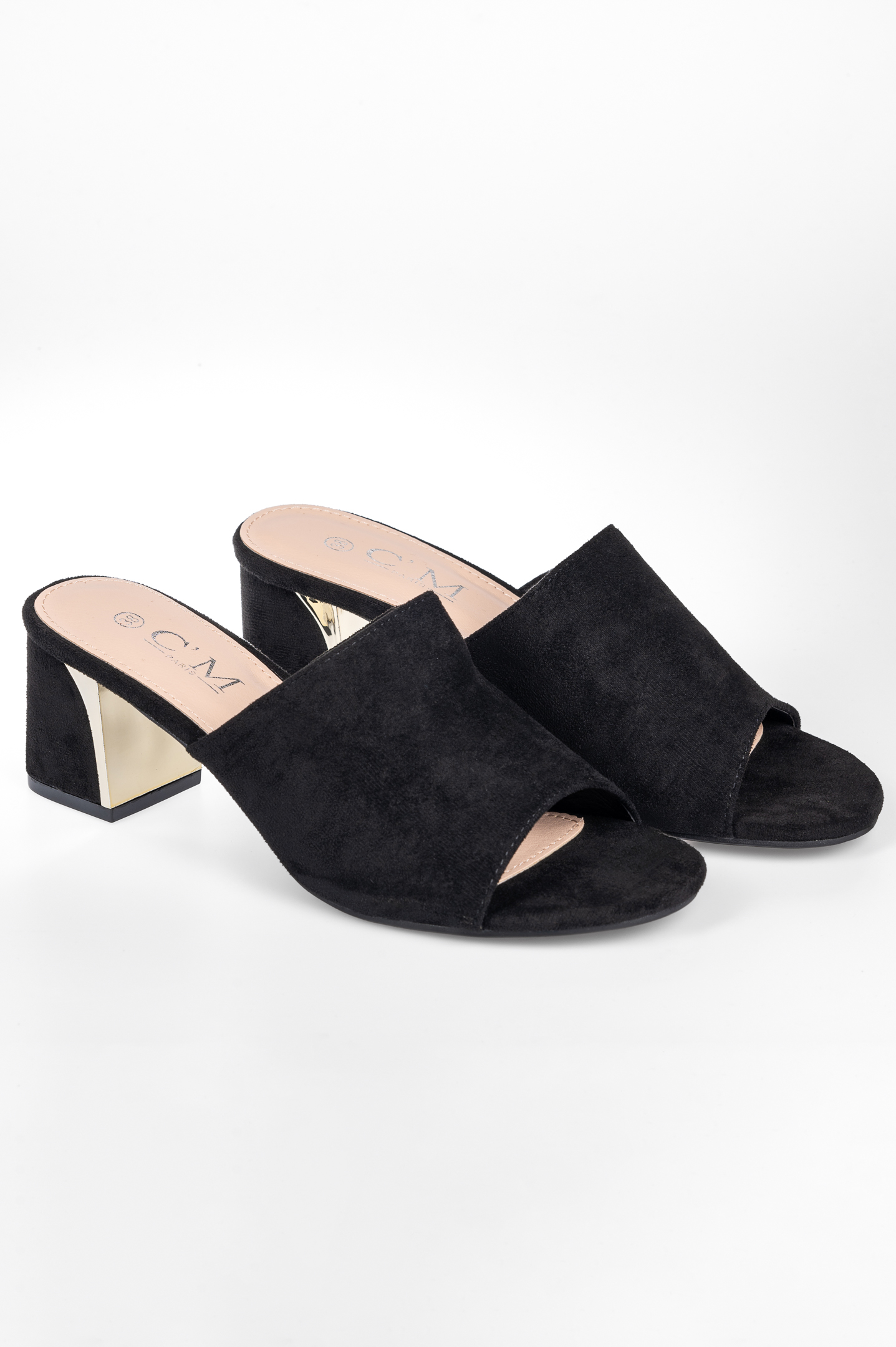 Suede mules με μεταλλική λεπτομέρεια στο τακούνι - Μαύρο