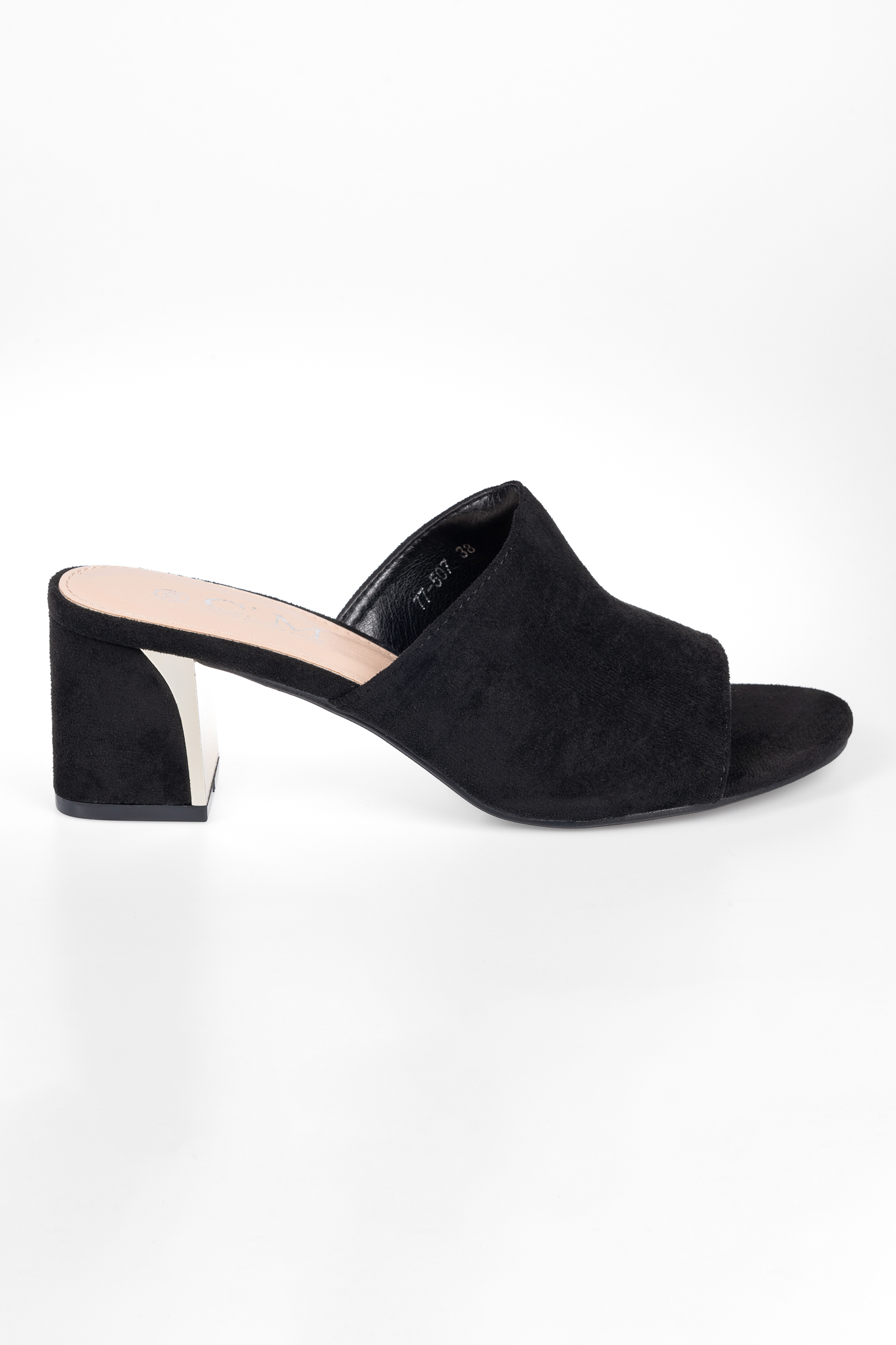 Suede mules με μεταλλική λεπτομέρεια στο τακούνι - Μαύρο φωτογραφία