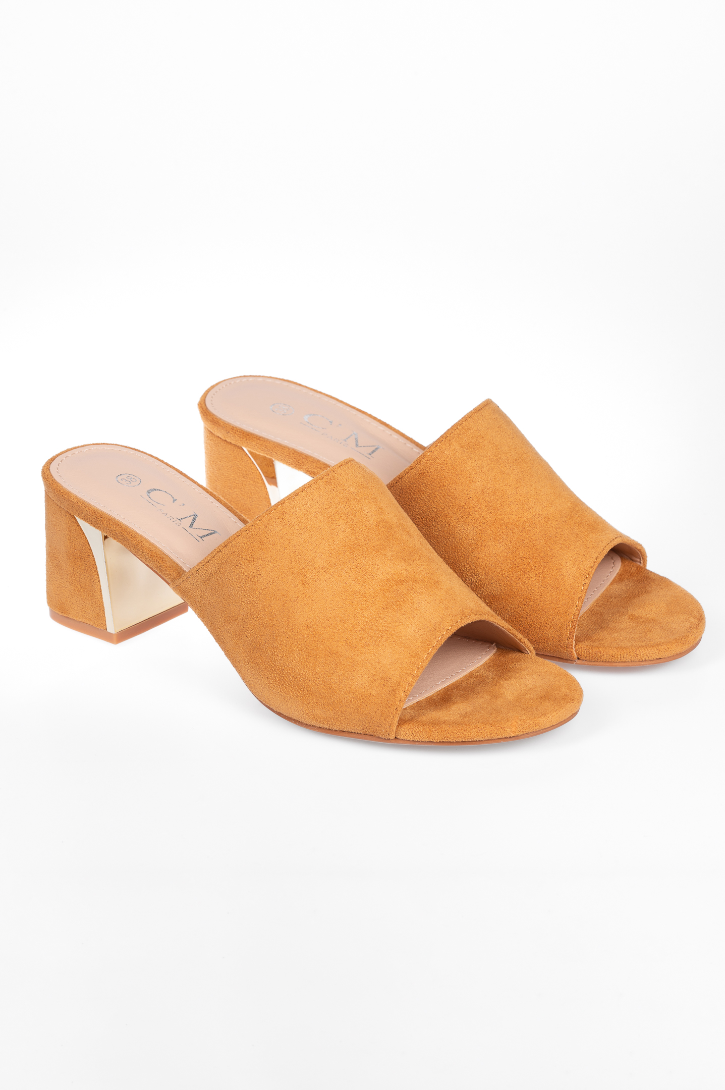 Suede mules με μεταλλική λεπτομέρεια στο τακούνι - Κάμελ
