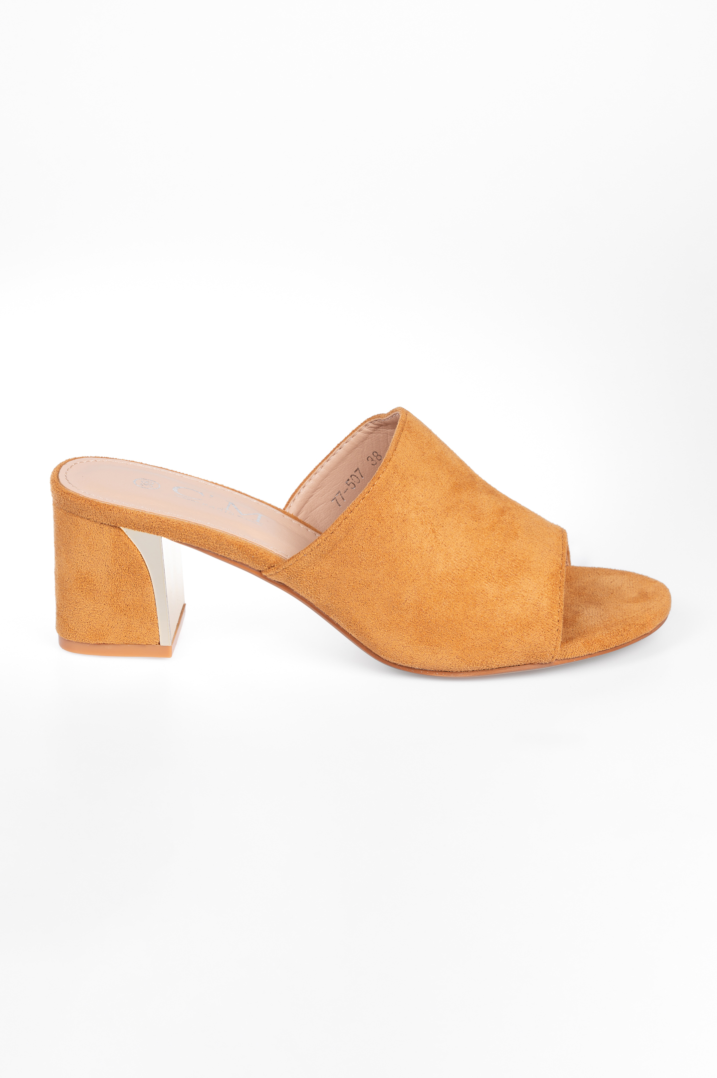 Suede mules με μεταλλική λεπτομέρεια στο τακούνι - Κάμελ φωτογραφία