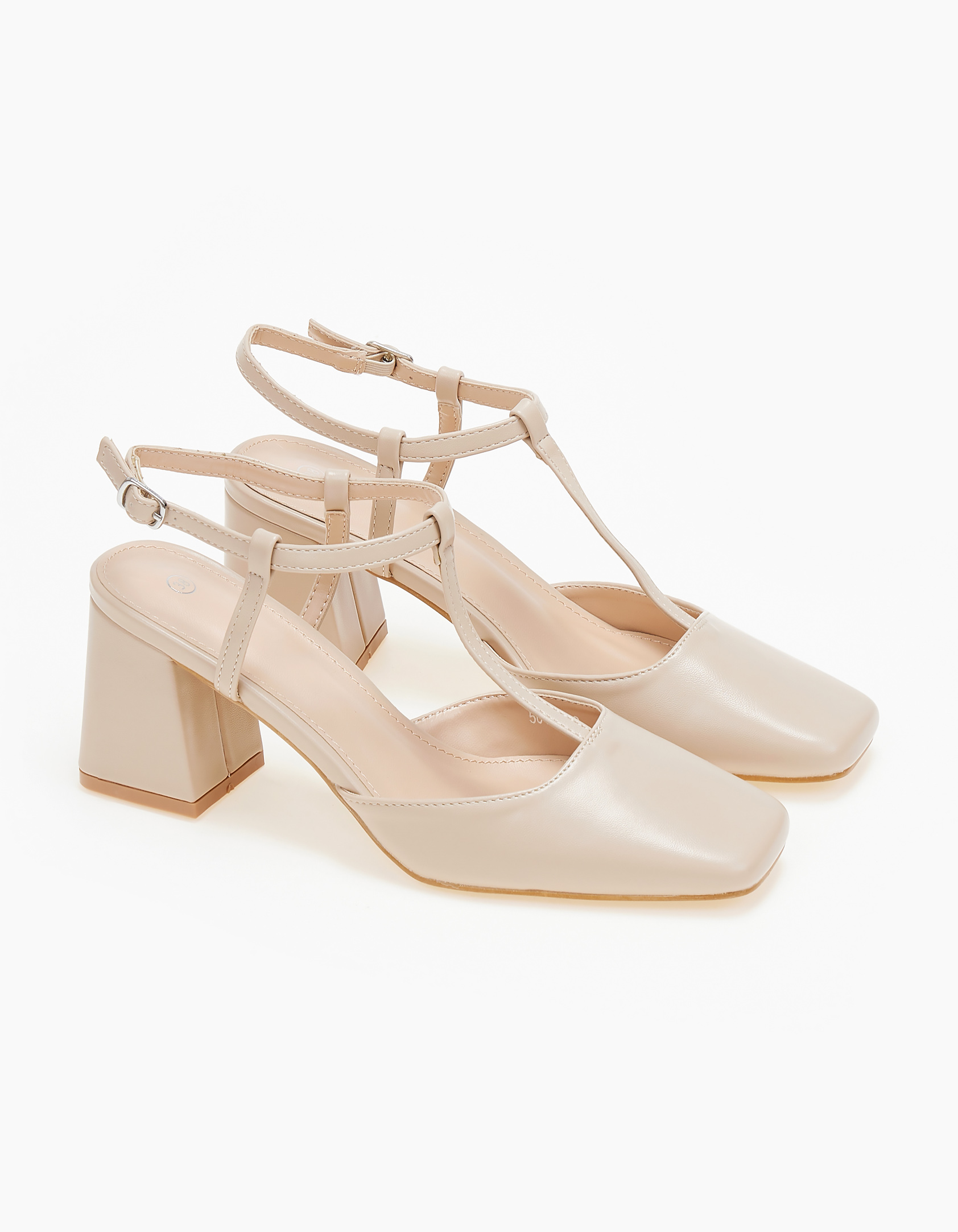 Issue Open heel γόβες σε καρέ γραμμή με χοντρό τακούνι - Μπεζ