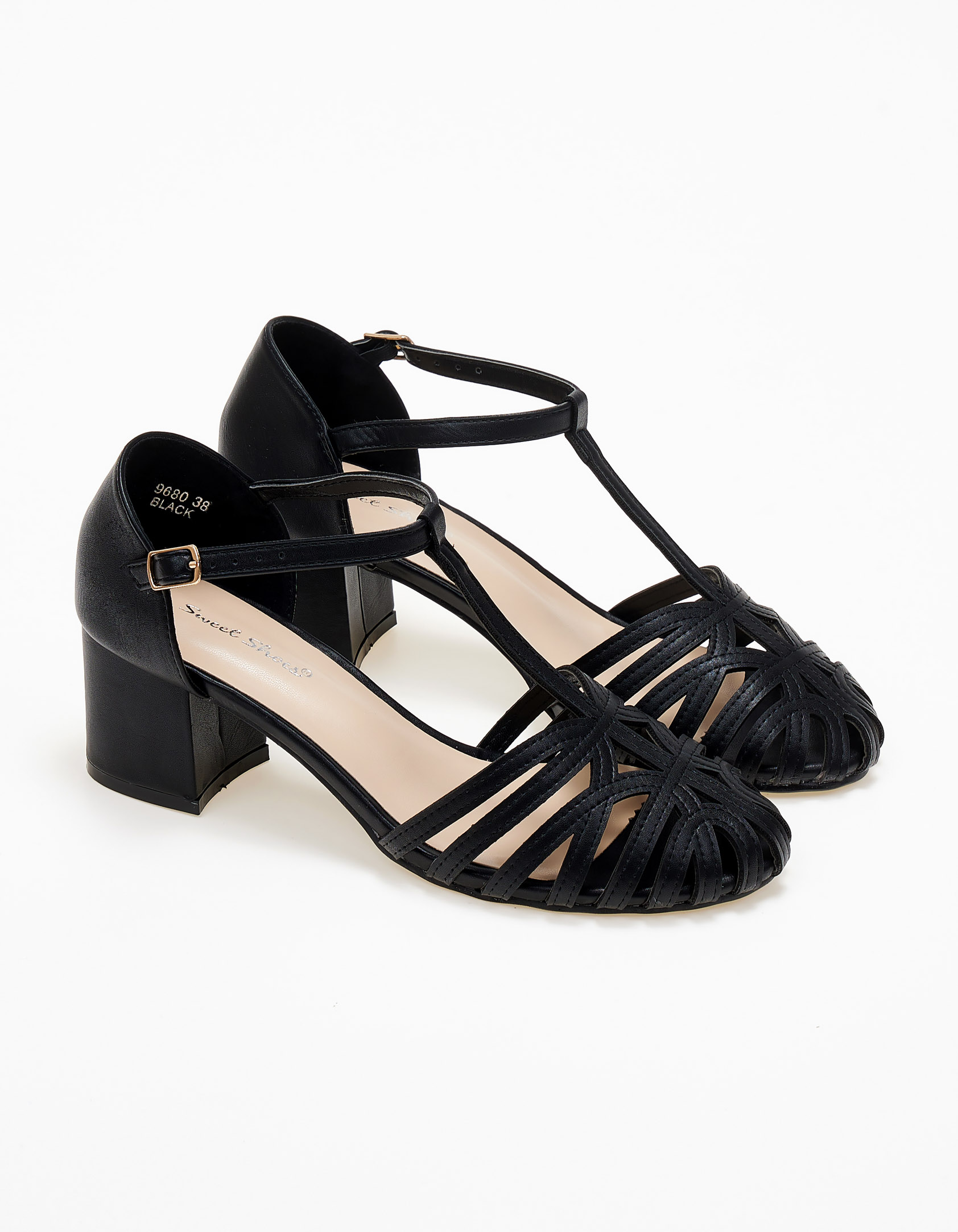 Χαμηλές γόβες με ανοίγματα, χοντρό τακούνι και μπαρέτα - Μαύρο