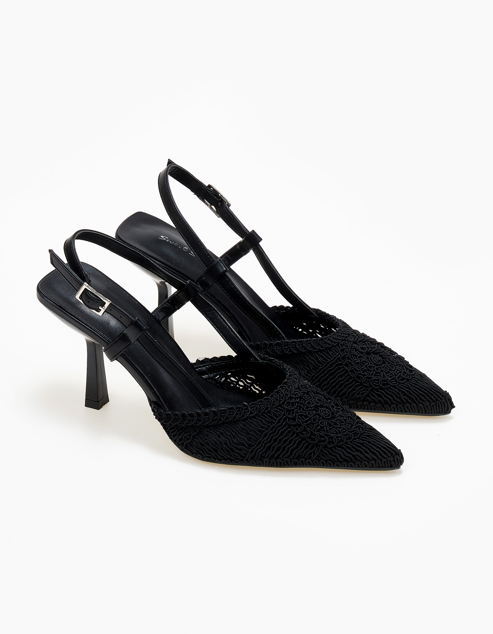 Μυτερές open heel γόβες με πλεκτό σχέδιο - Μαύρο