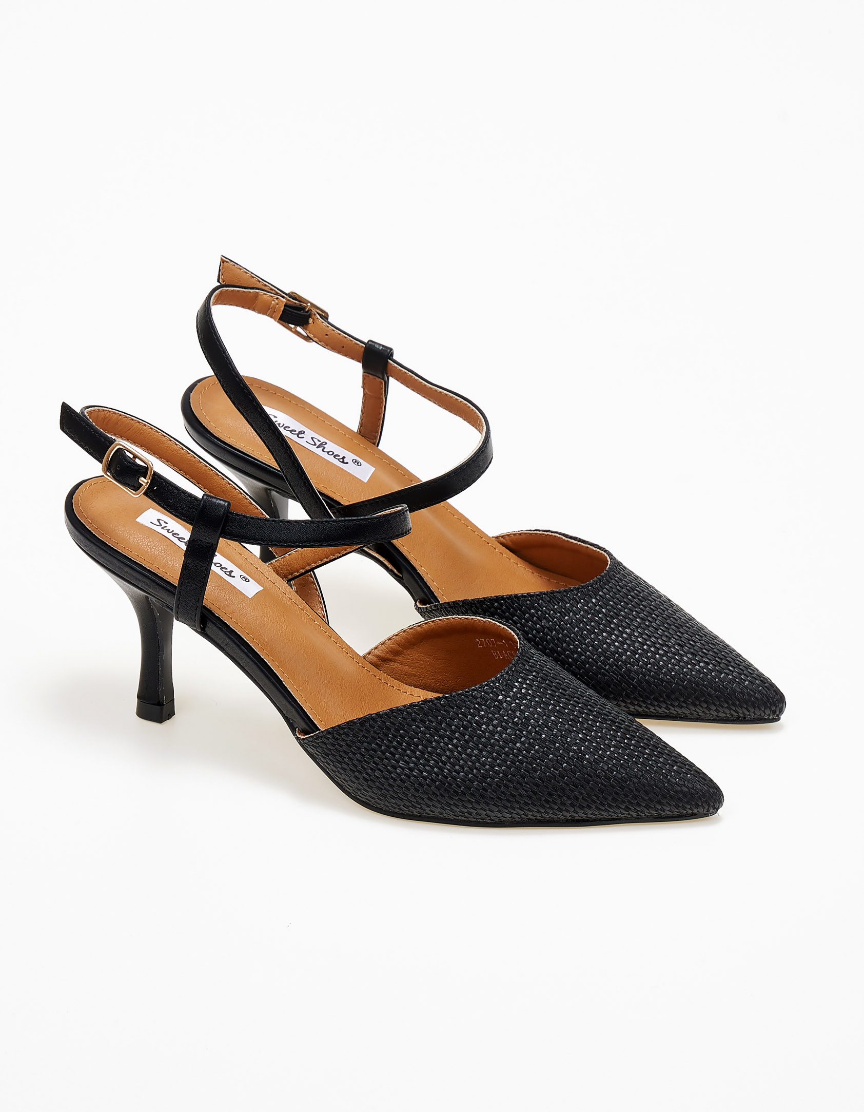 Open heel μυτερές γόβες με ψάθα και λεπτό τακούνι - Μαύρο