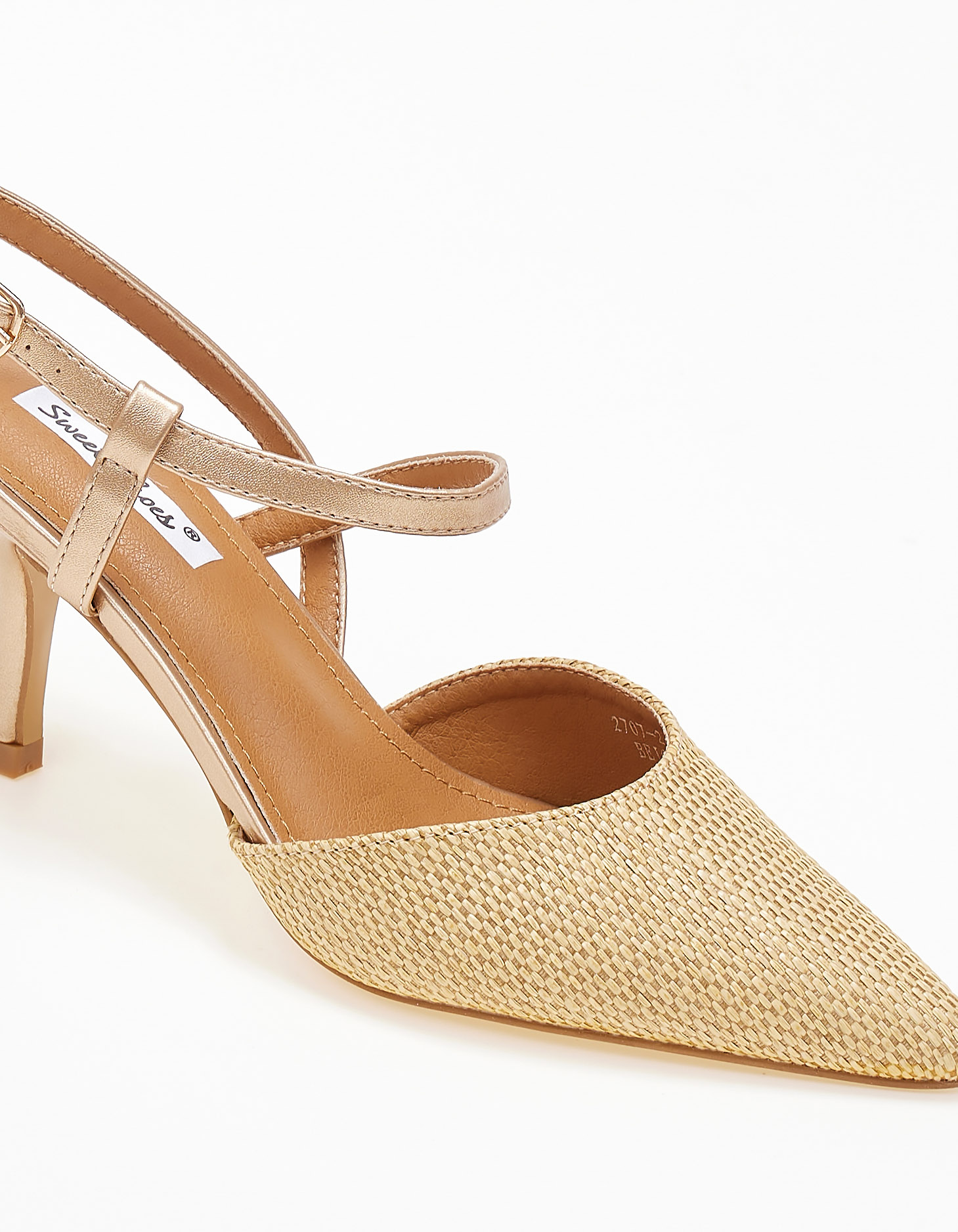 Open heel μυτερές γόβες με ψάθα και λεπτό τακούνι - Μπεζ φωτογραφία