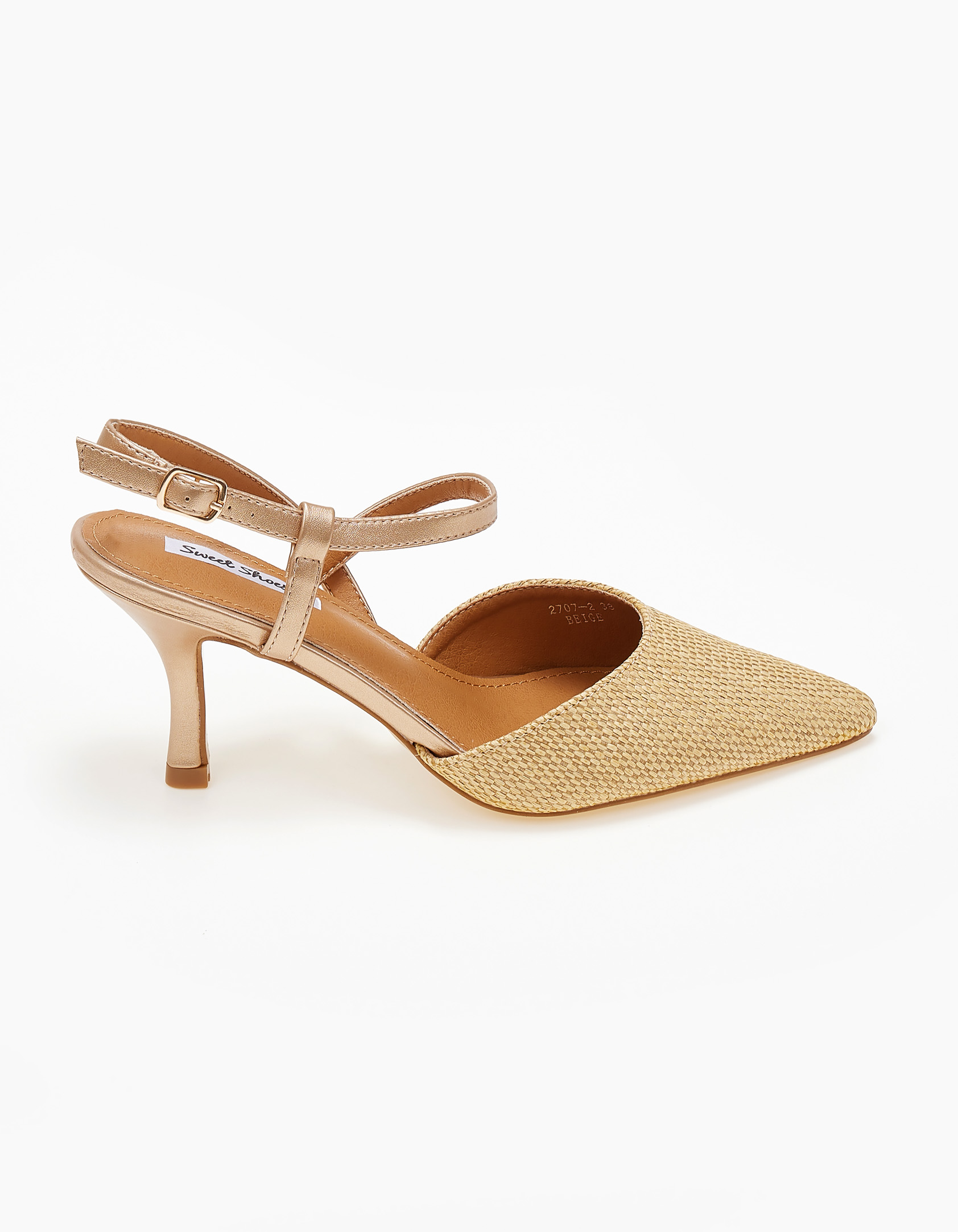Open heel μυτερές γόβες με ψάθα και λεπτό τακούνι - Μπεζ φωτογραφία