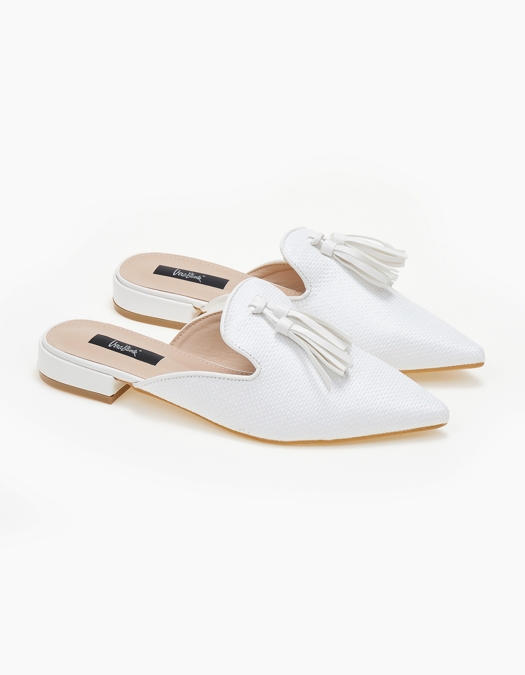 Φλατ μυτερά mules με ψάθα - Λευκό