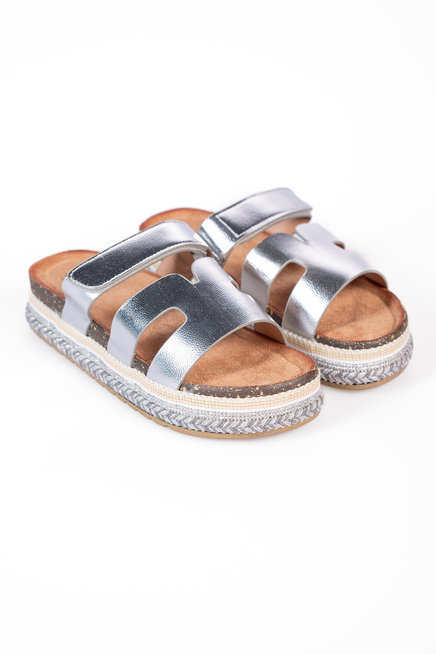 Σανδάλια flatform με boho διακόσμηση - Ασημί