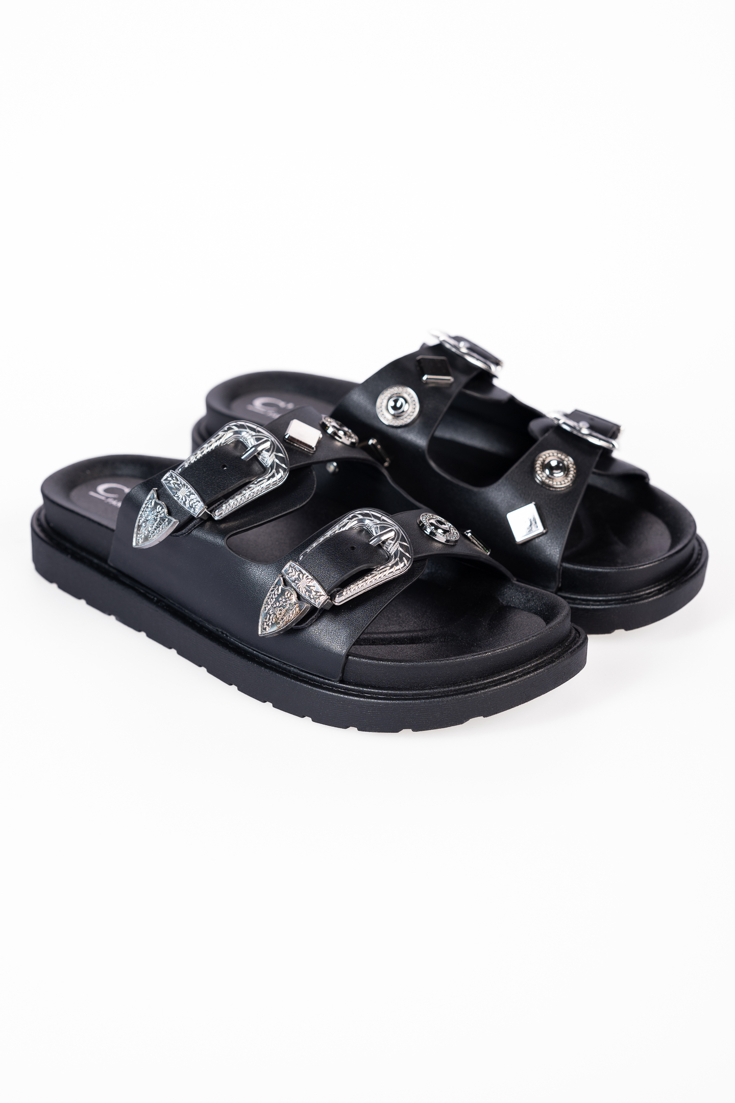 Παπούτσια > Σανδάλια Σανδάλια flatform με αγκράφες και μεταλλικά στοχεία - Μαύρο