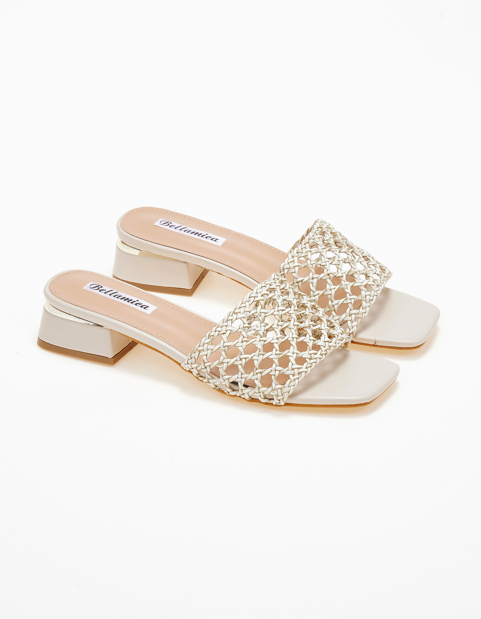 Χαμηλά mules με χοντρό τακούνι και φάσα με πλεκτό σχέδιο - Μπεζ
