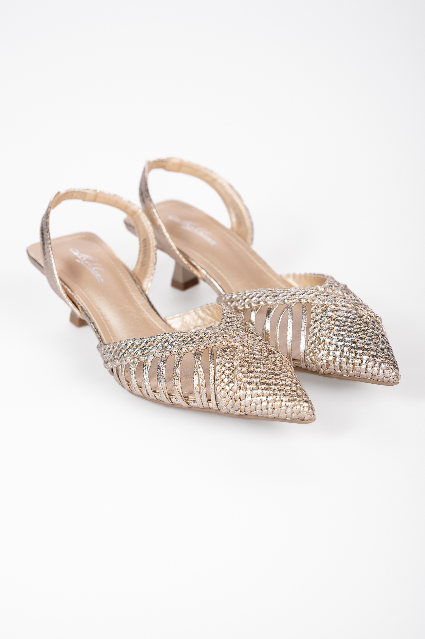 Χαμηλές open heel μυτερές γόβες με πλεκτό σχέδιο - Χρυσό Παπούτσια > Γόβες