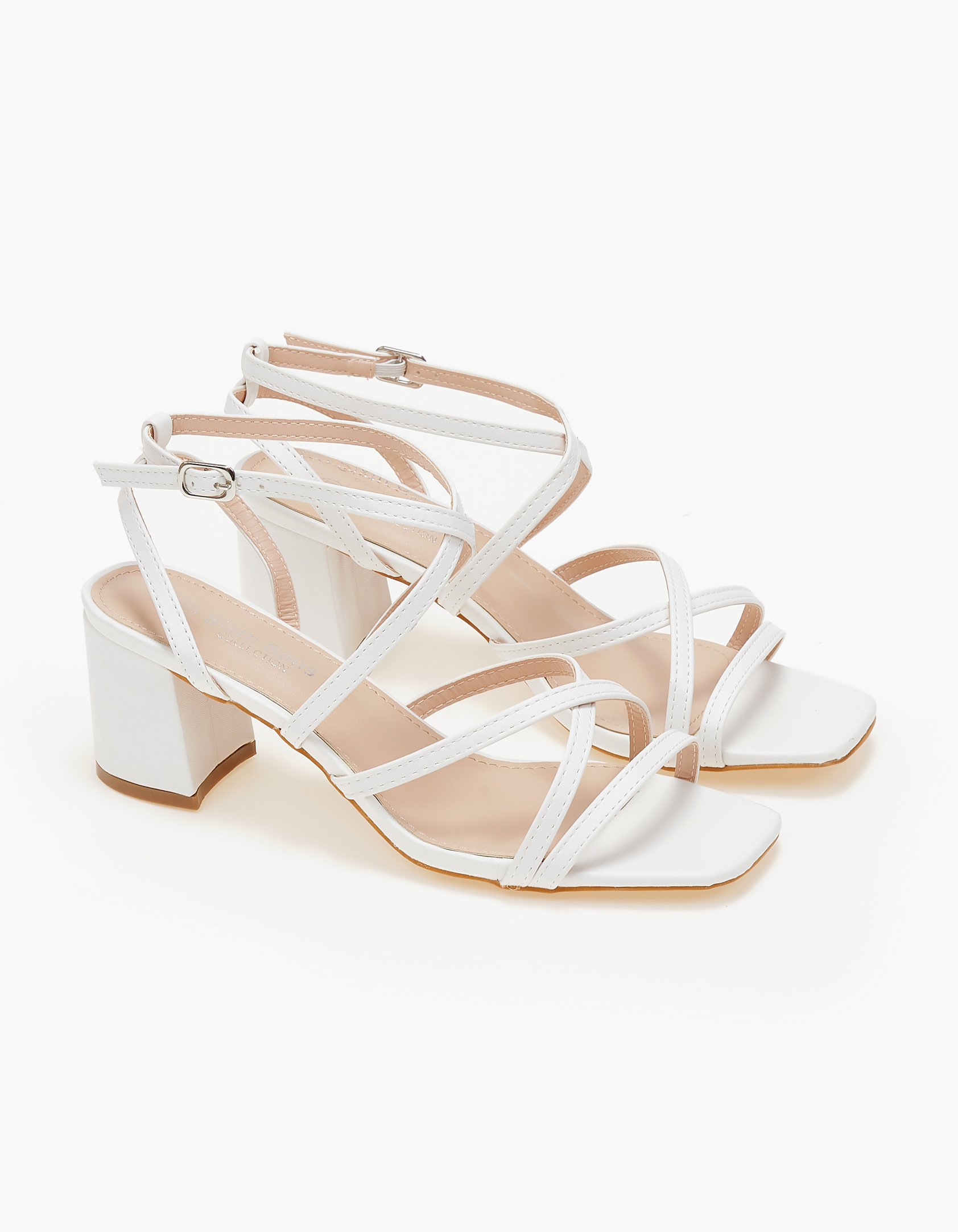 Πέδιλα με λουράκια και χοντρό τακούνι - Λευκό
