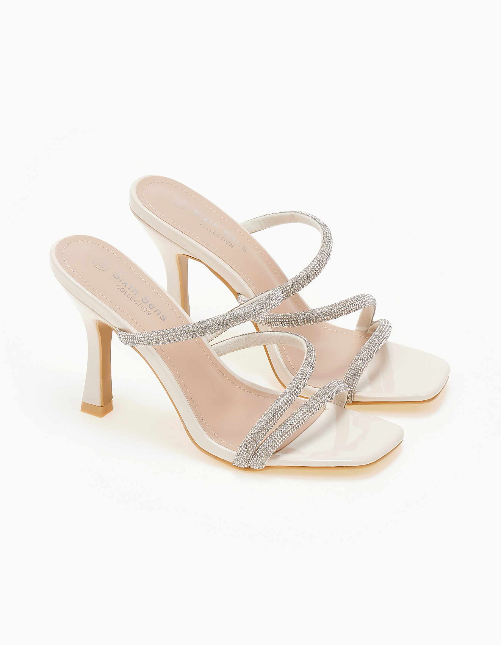 Mules με λεπτό τακούνι και λουράκια glitter - Μπεζ