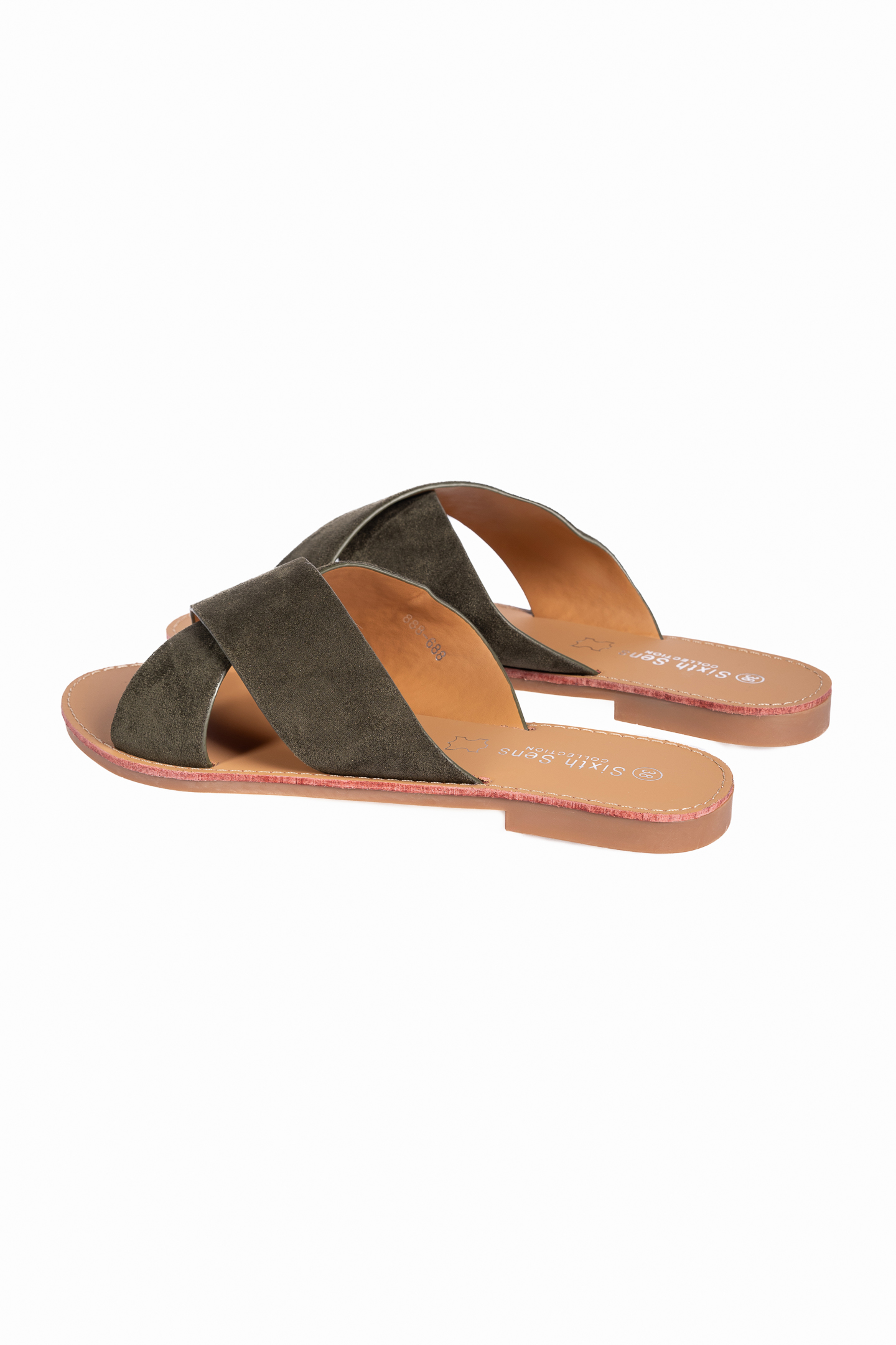 Flat σανδάλια χιαστί με suede υφή - Πράσινο φωτογραφία