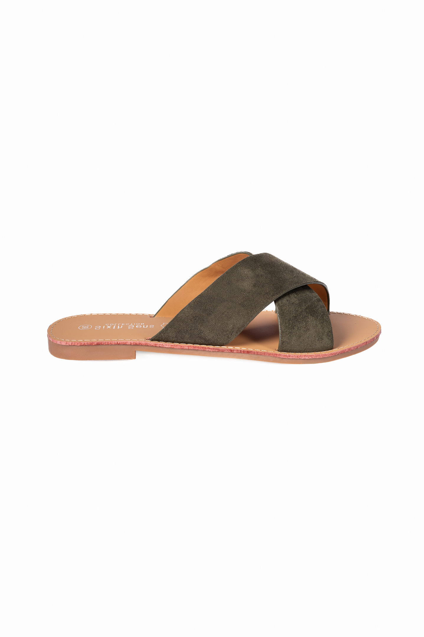 Flat σανδάλια χιαστί με suede υφή - Πράσινο φωτογραφία