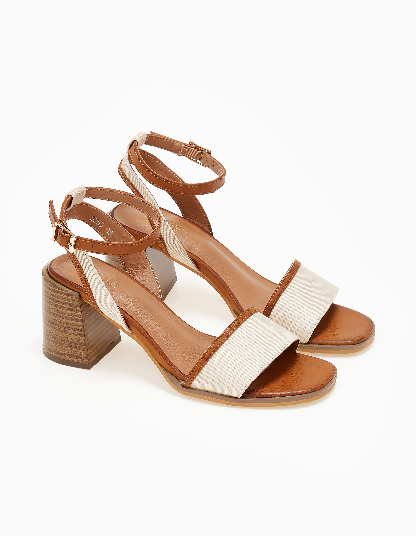 Issue Πέδιλα με denim ύφασμα και χοντρό τακούνι - Μπεζ