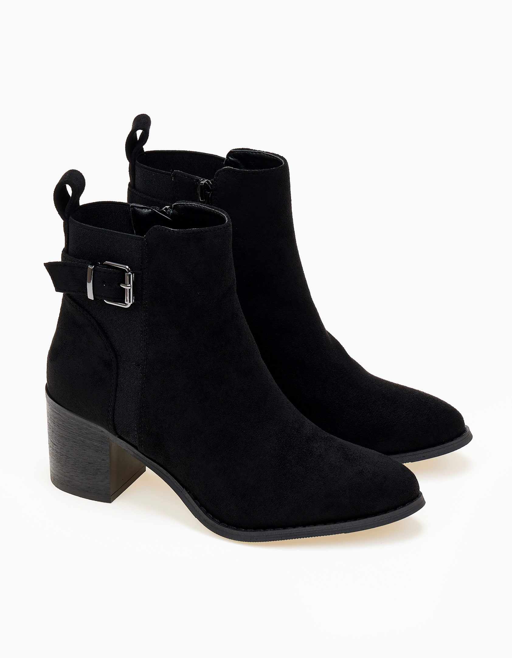 Ankle boots με χοντρό τακούνι και suede υφή - Μαύρο