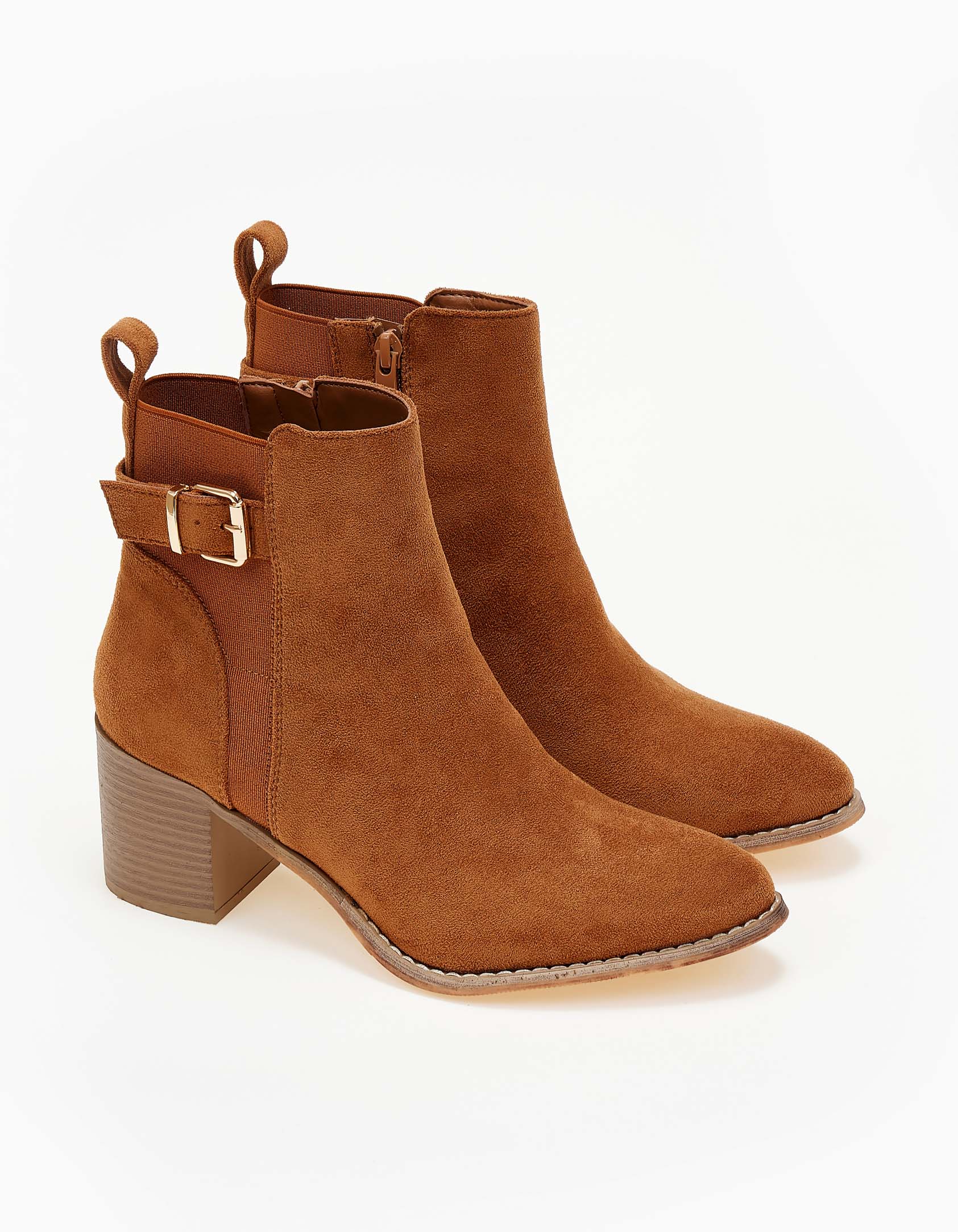 Ankle boots με χοντρό τακούνι και suede υφή - Κάμελ