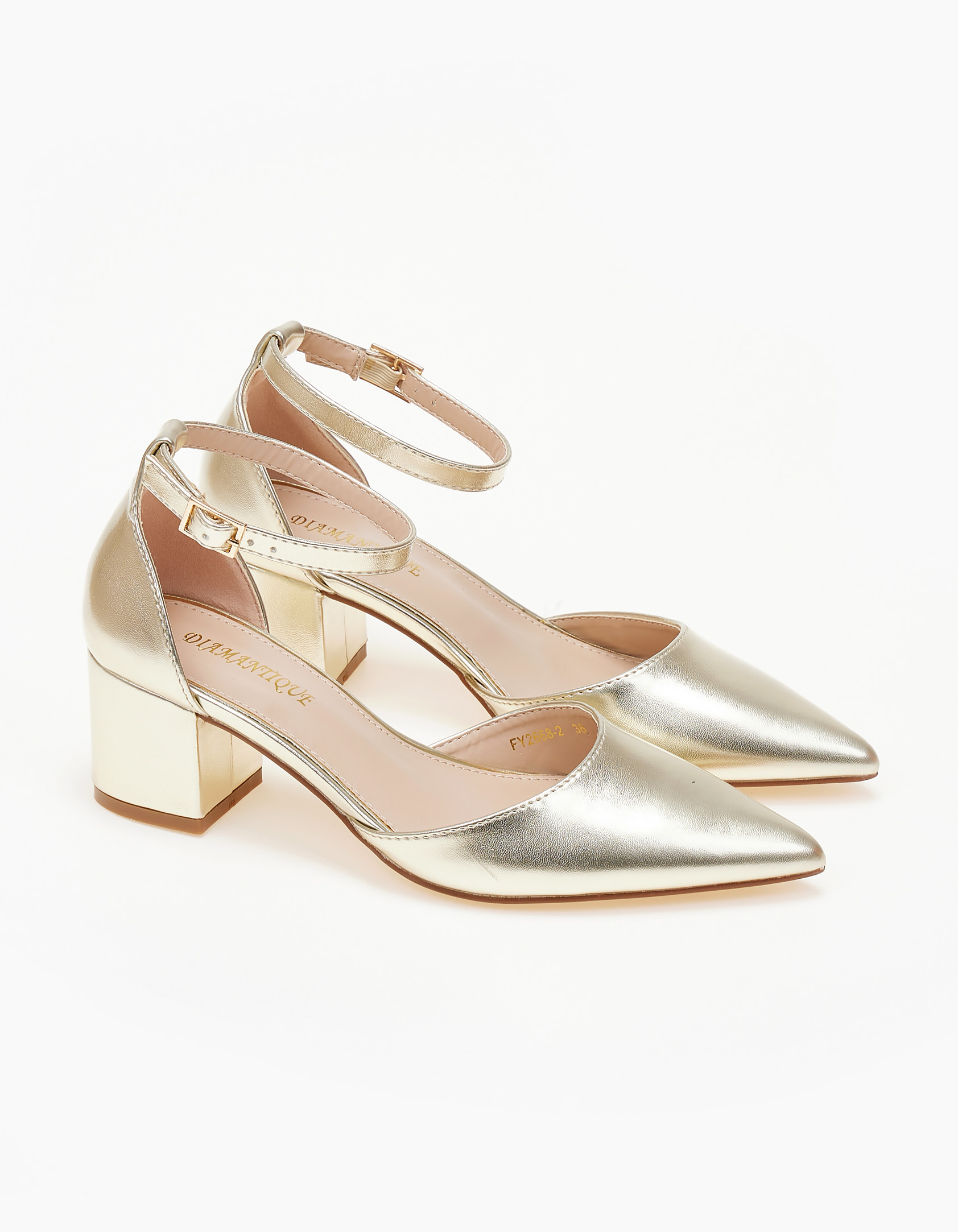 Μυτερές γόβες με χοντρό τακούνι και μπαρέτα - Χρυσό