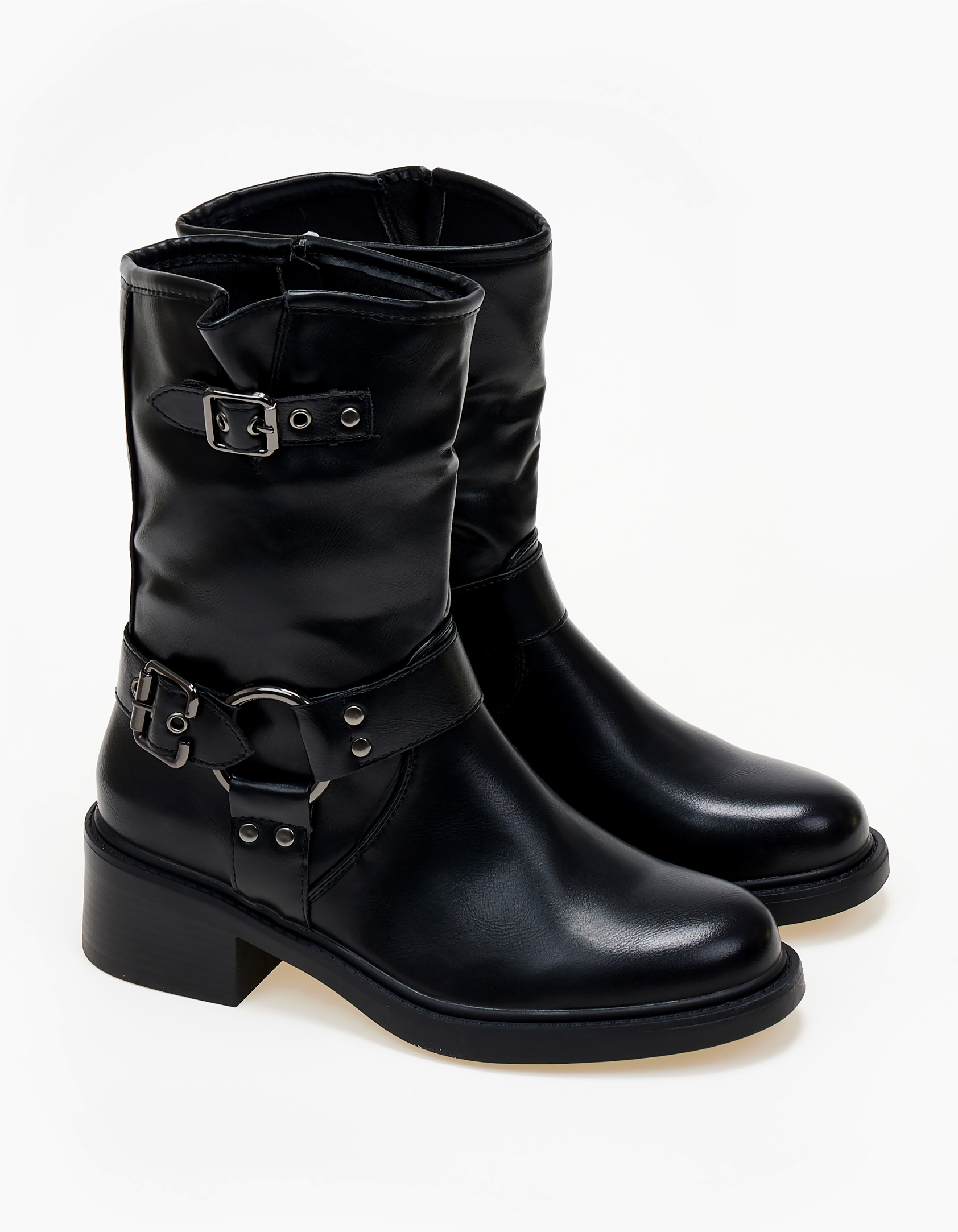 Biker boots με ζώνη και αγκράφες - Μαύρο