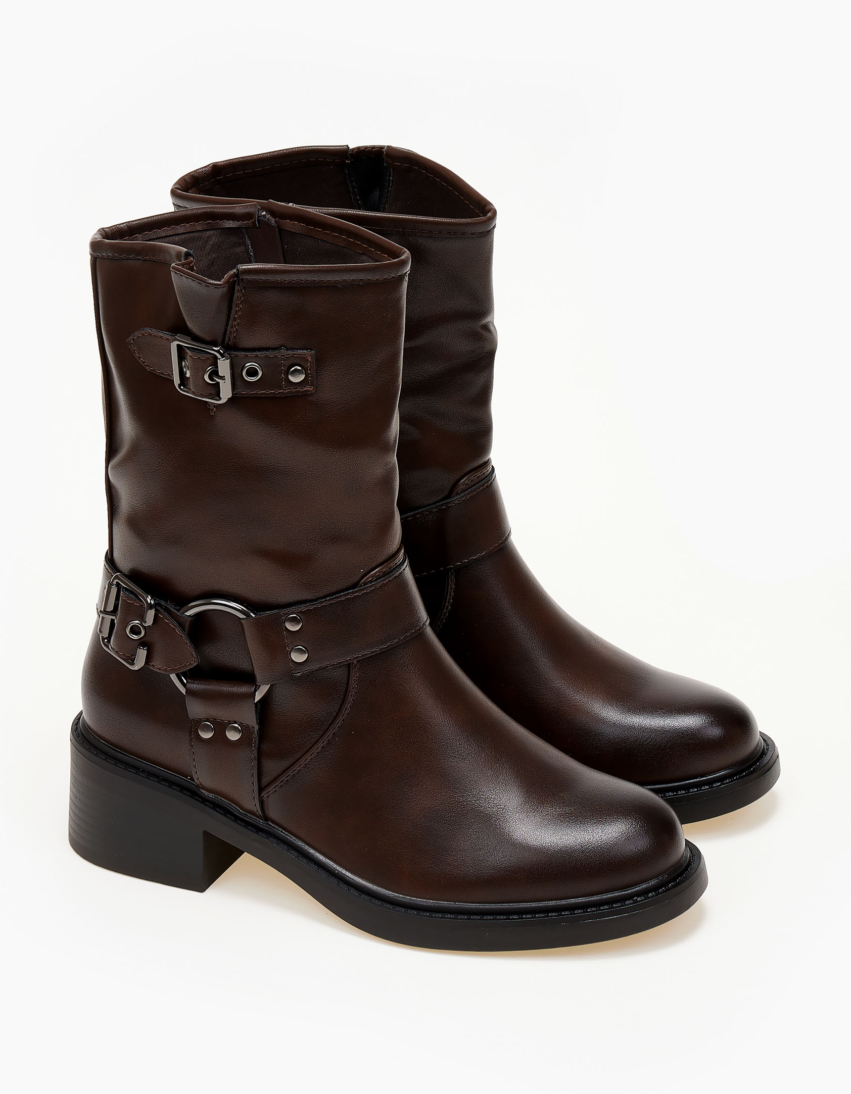Biker boots με ζώνη και αγκράφες - Καφέ