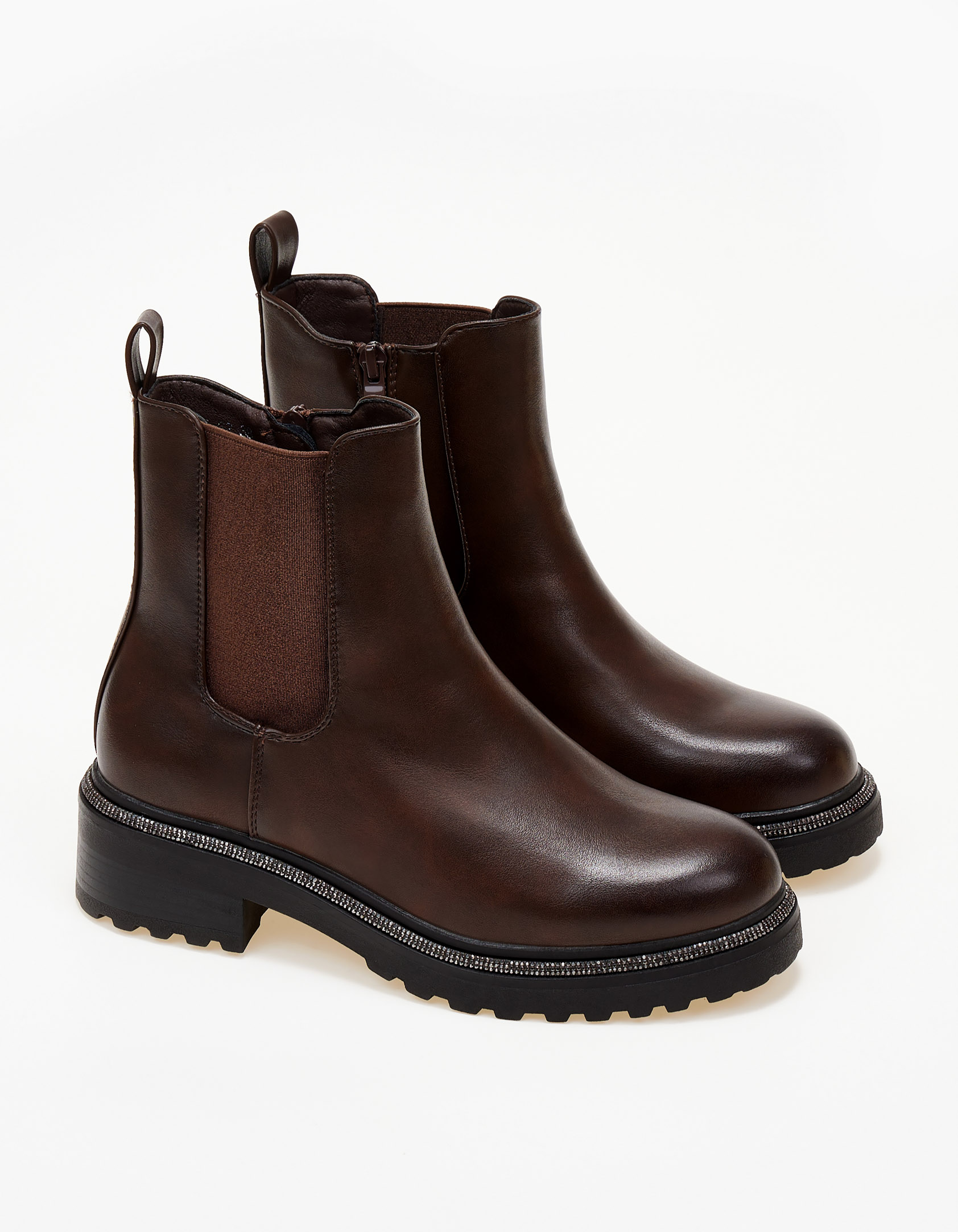 Χαμηλά biker boots με λεπτομέρεια στρας - Καφέ