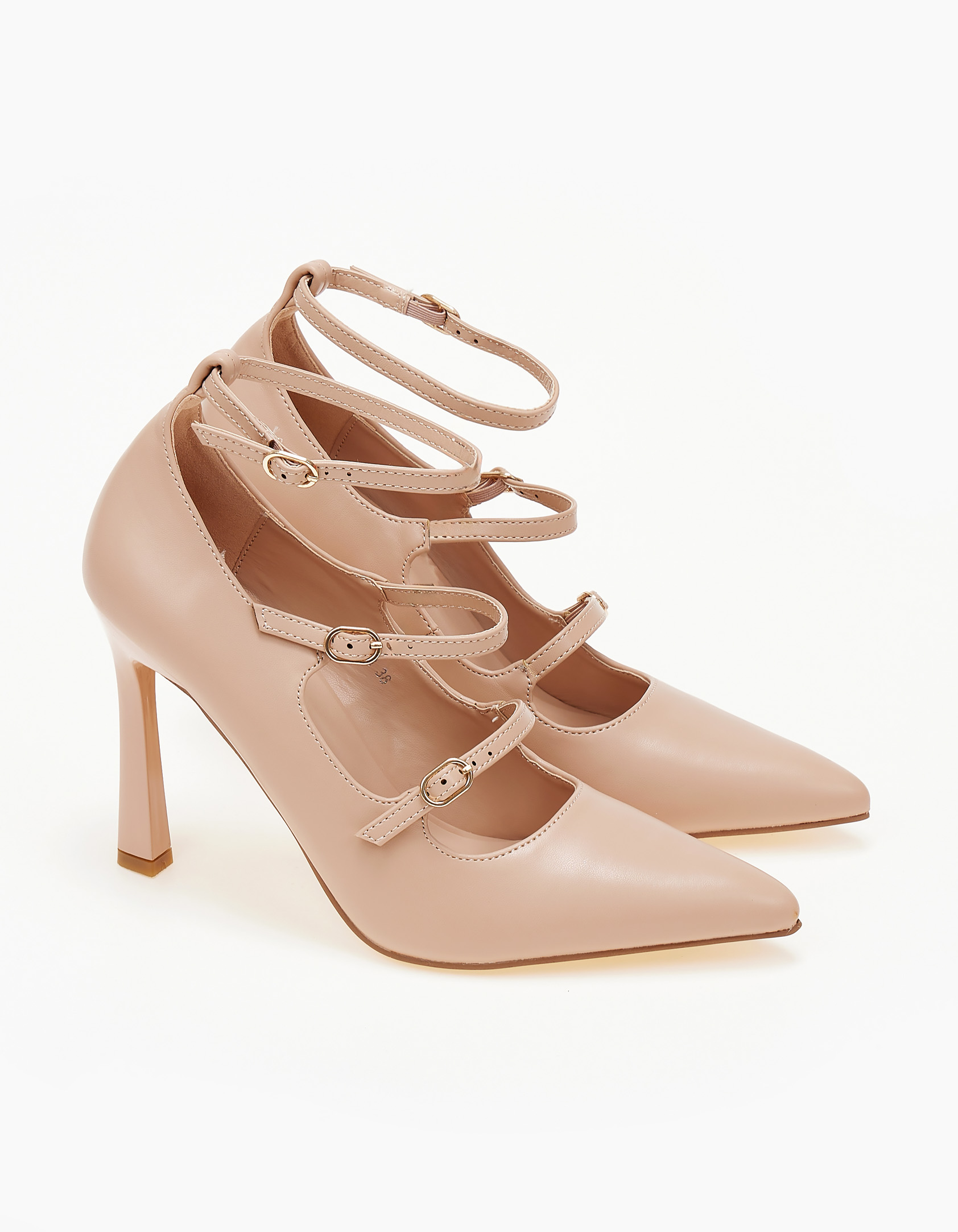 Μυτερές γόβες με ψηλό τακούνι και μπαρέτες - Μπεζ