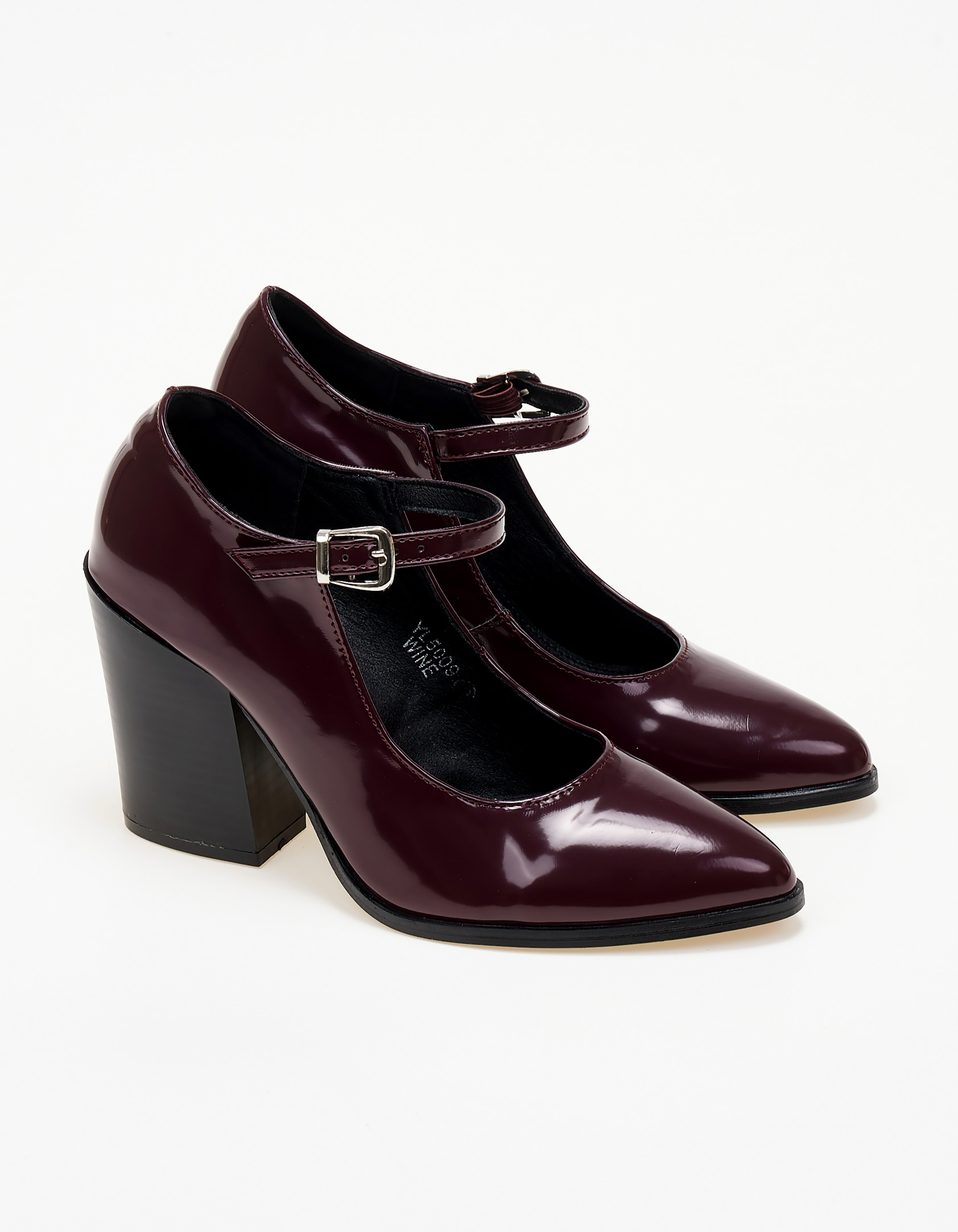 Μυτερές γόβες με χοντρό τακούνι και μπαρέτα - Μπορντώ