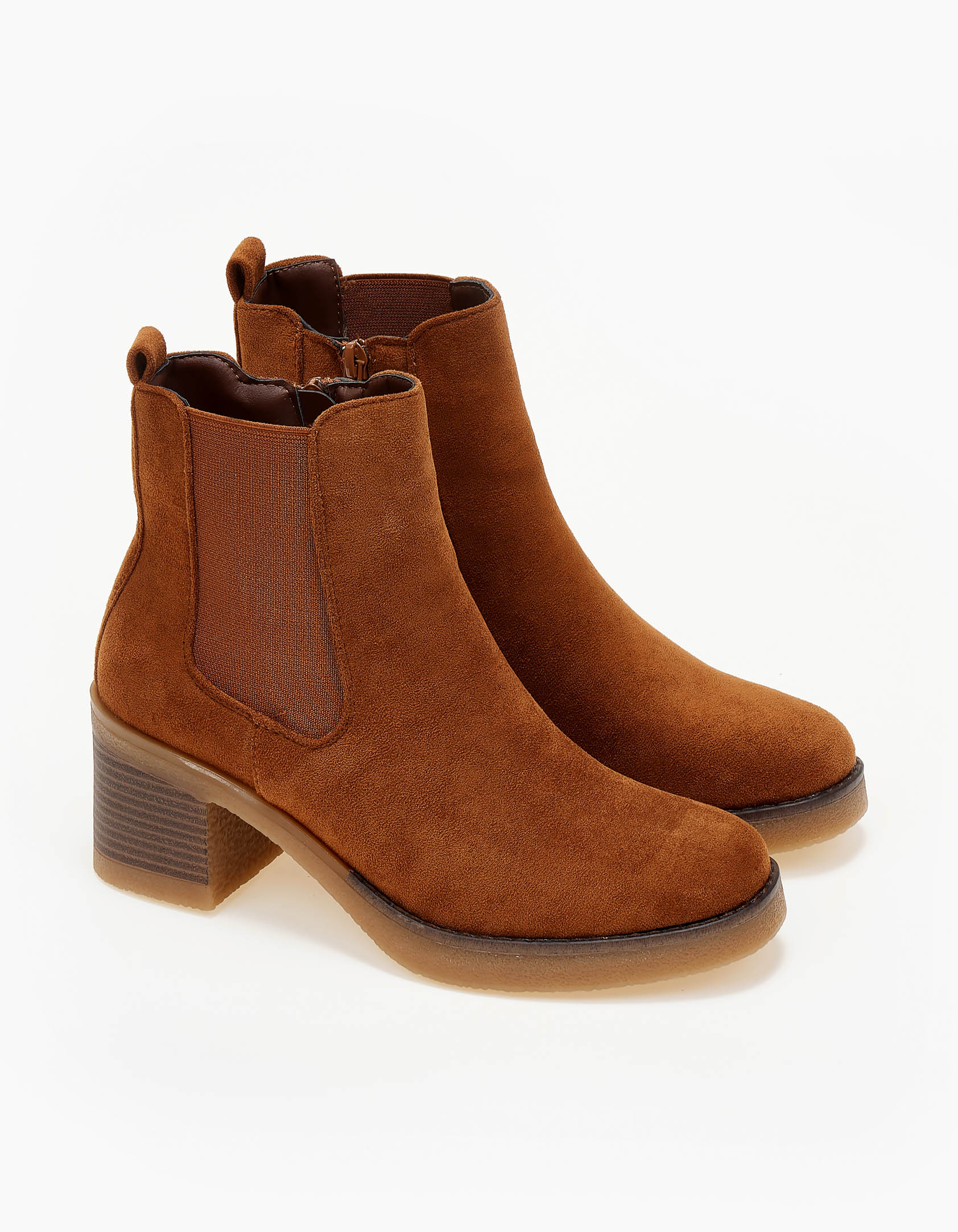 Ankle boots με suede υφή και χοντρό τακούνι - Κάμελ