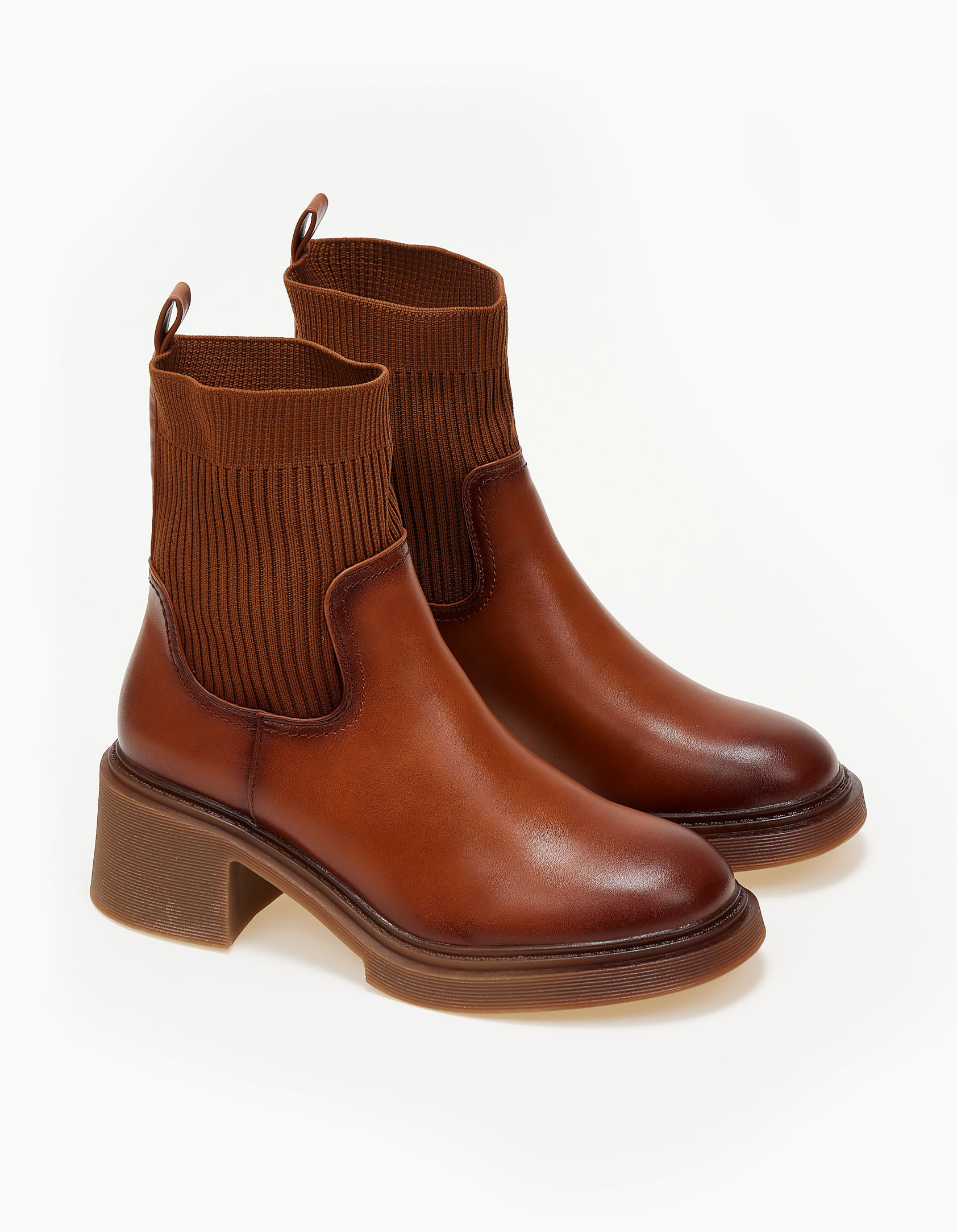Biker boots με χοντρό τακούνι και κάλτσα - Κάμελ