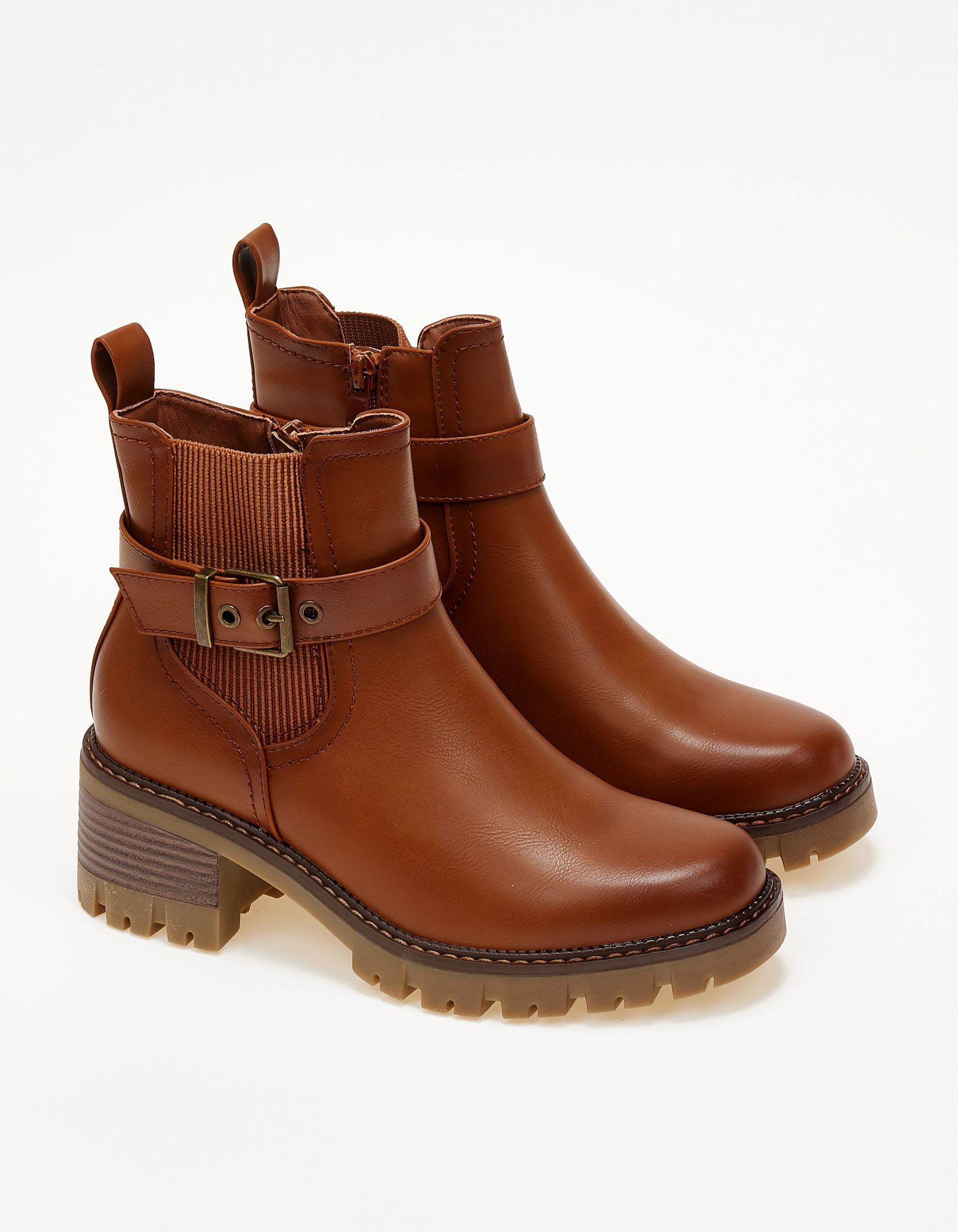 Ankle boots με χοντρό τακούνι και τρακτερωτή σόλα - Κάμελ