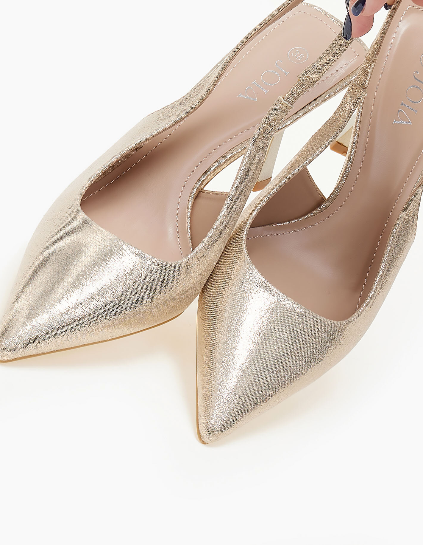 Open heel μυτερές shiny γόβες με λεπτό τακούνι - Χρυσό φωτογραφία